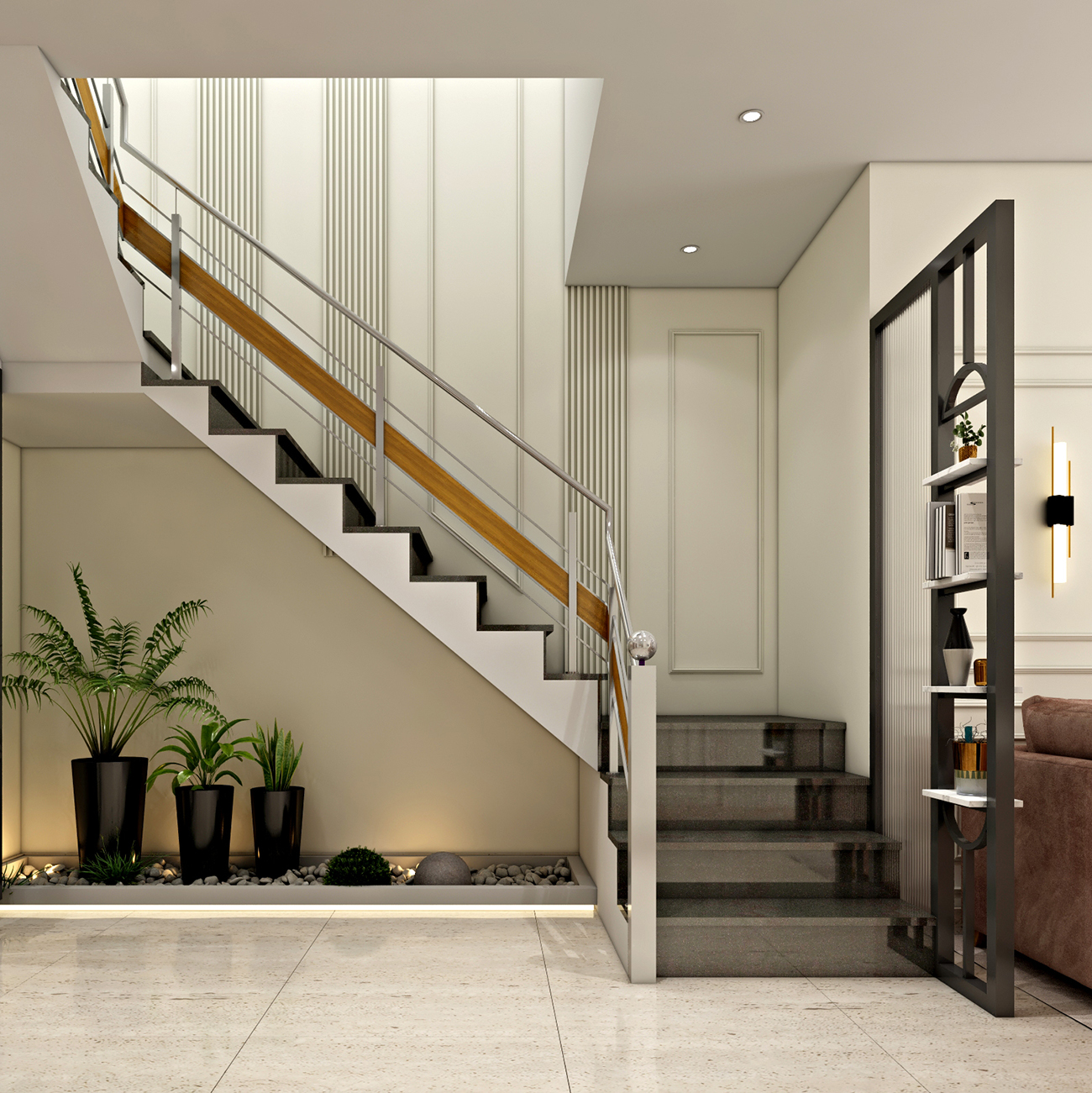 L-Shaped Contemporary Staircase Design in Wood Metal | Livspace
