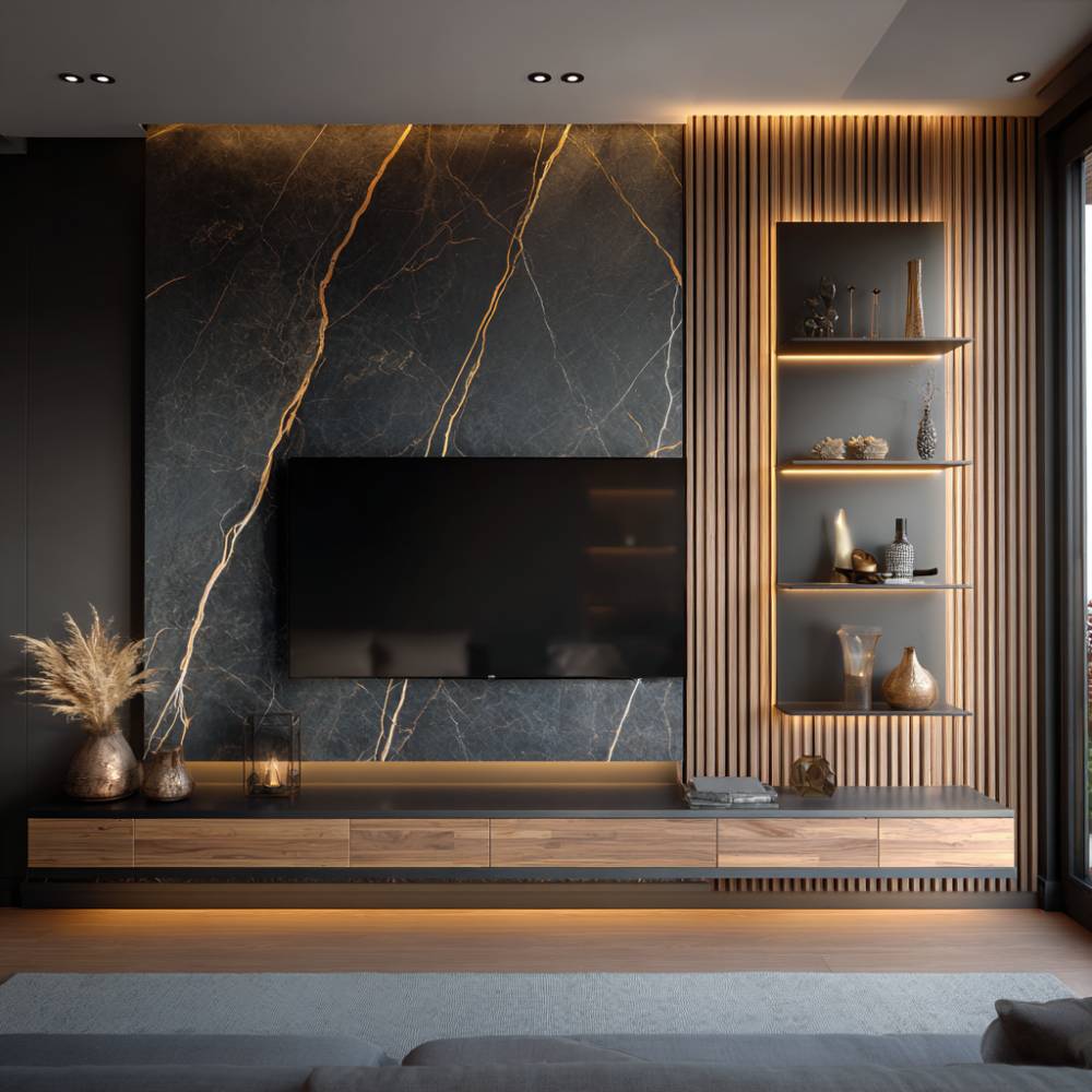 Walnut and Grey Contemporary TV Unit Design with Wooden Wall Shelf and ...
