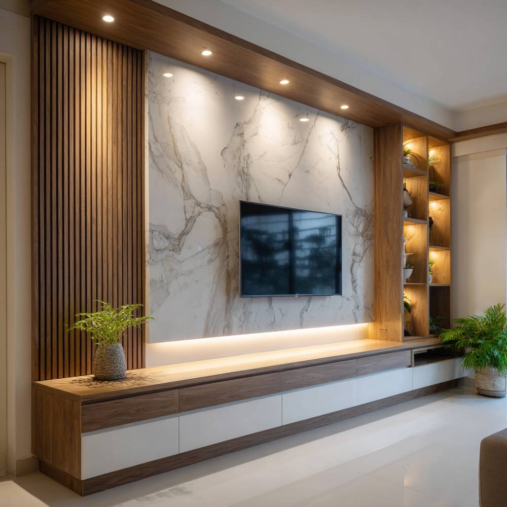 Contemporary White and Walnut TV Unit Design with Marble Wall Backdrop ...