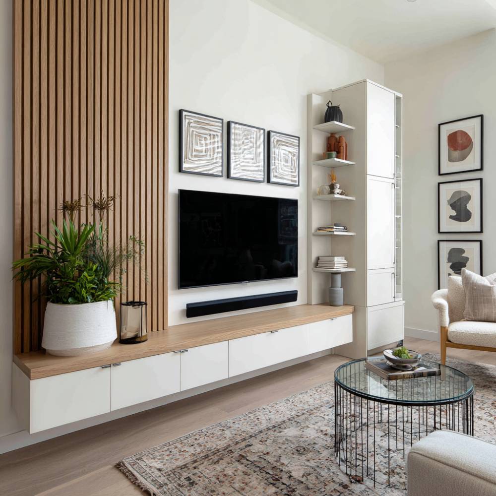 Scandinavian TV Unit Design With Open Oak Shelving and Floating Drawers ...