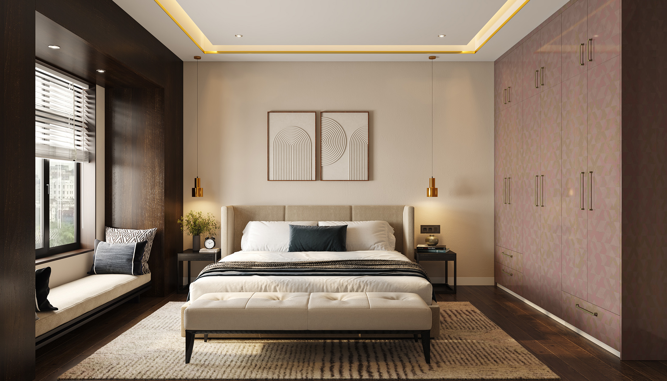Beige Modern Bedroom Wall Paint Design with Cove Lighting | Livspace