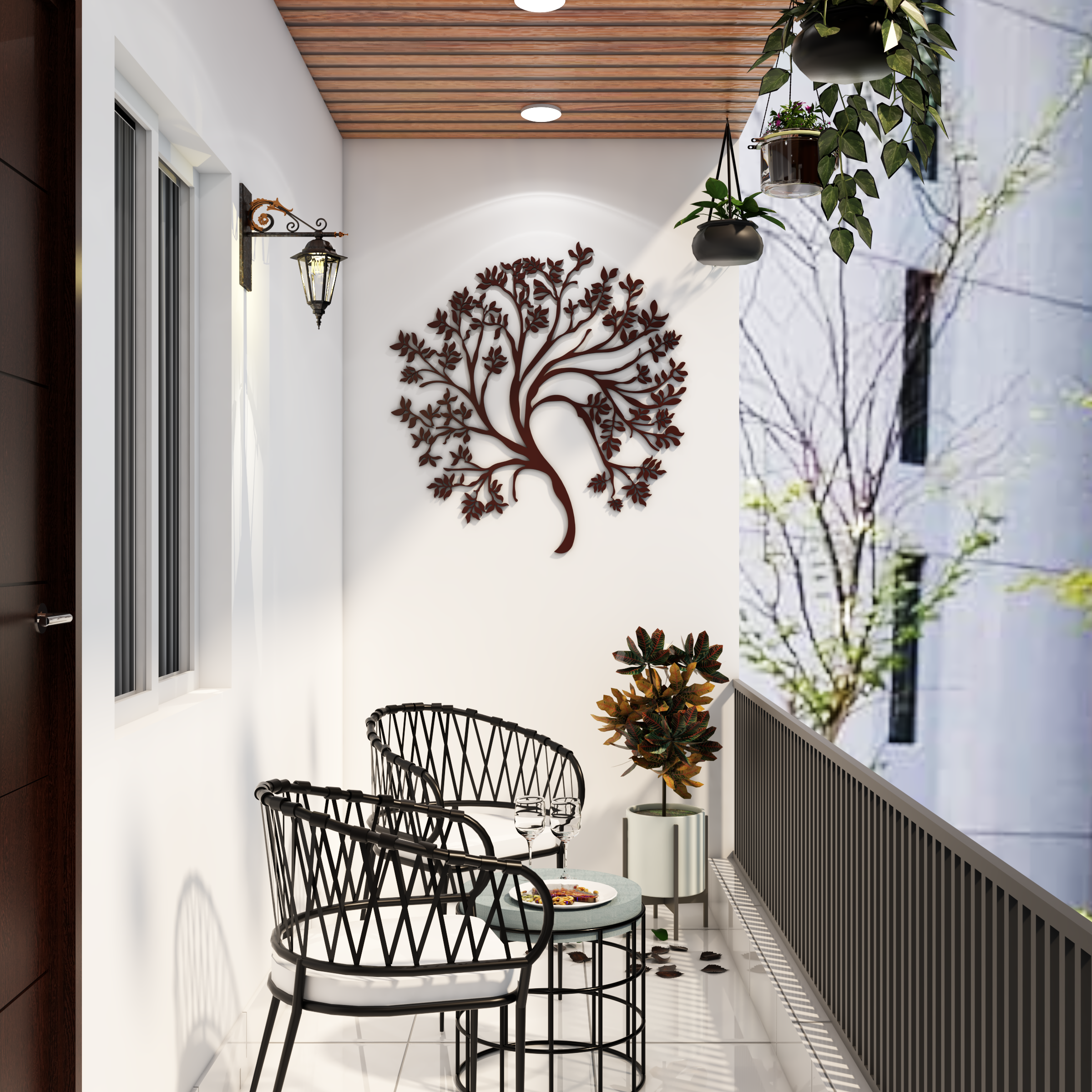 Modern Balcony Design With Black Metallic Chairs And Tree Of Life Wall ...