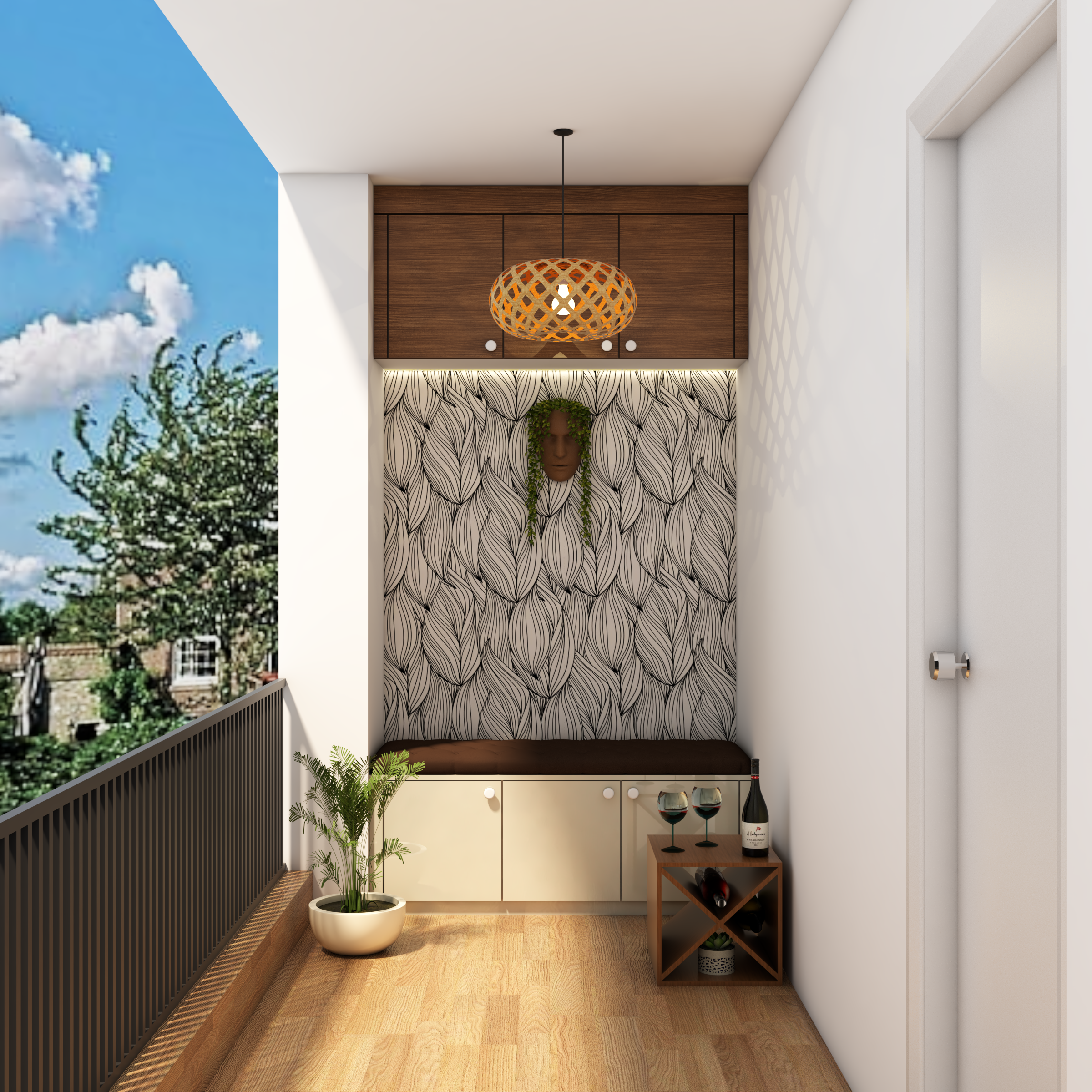 Contemporary Balcony Design With 3D Wallpaper And Wooden Storage Lofts ...