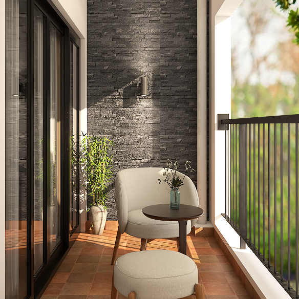 Spacious Balcony Design With Stone Wall And Cream Chair | Livspace