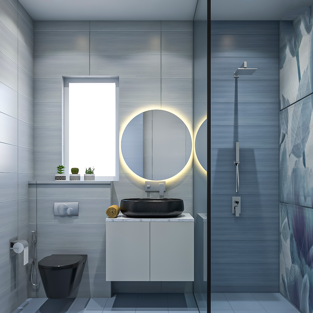 Spacious Bathroom Design with Round Backlit Mirror | Livspace