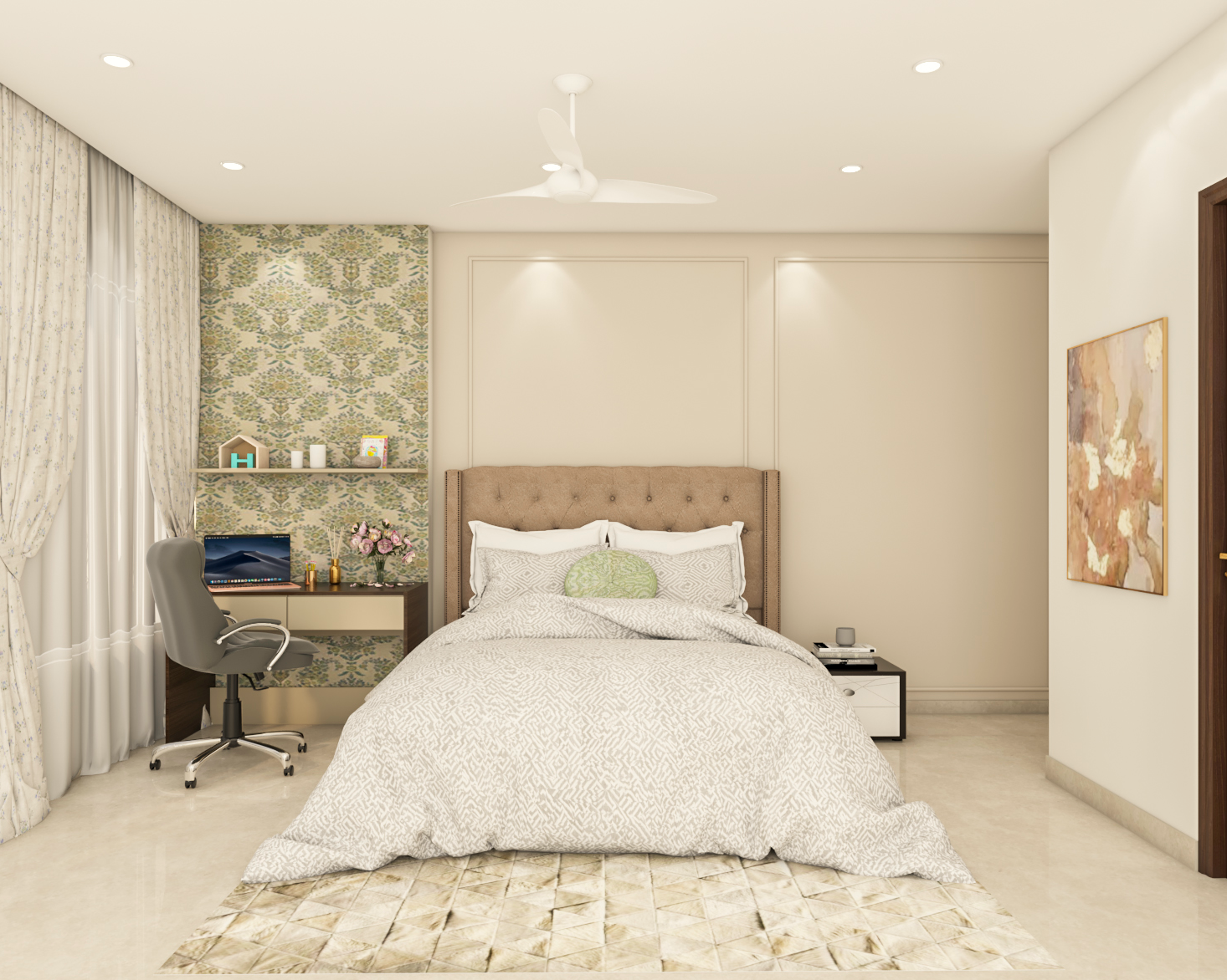Spacious Master Bedroom Design With Tufted Headboard | Livspace