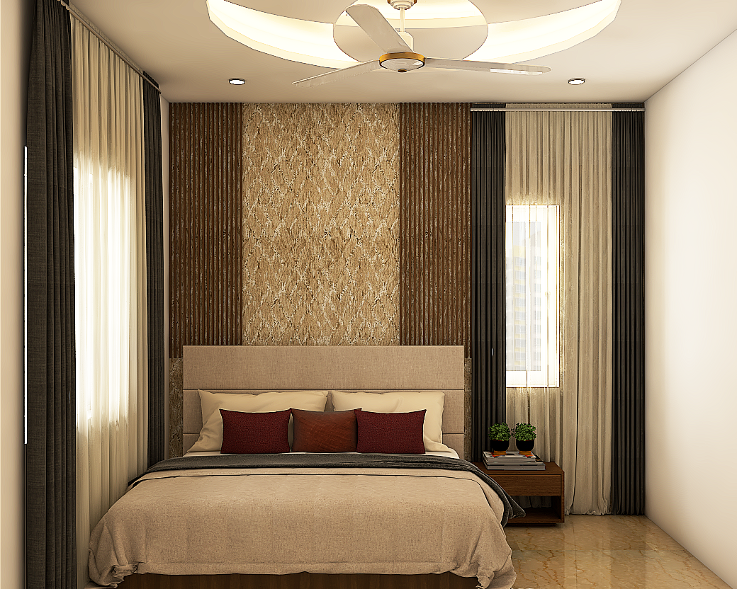 Classic Master Bedroom With Gold Patterned Accent Wall And Wooden ...