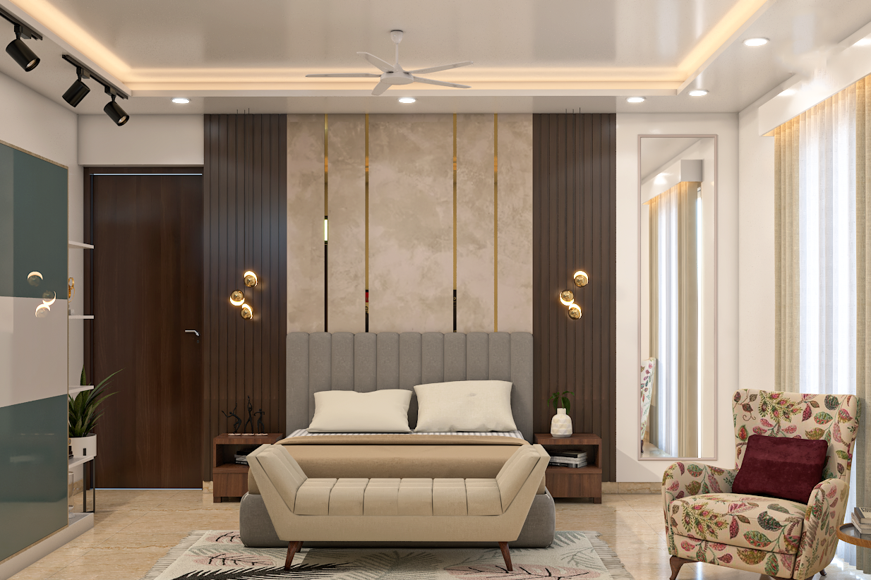 Modern Bedroom With Patterned Accent Wall And Beige Tufted Bench | Livspace