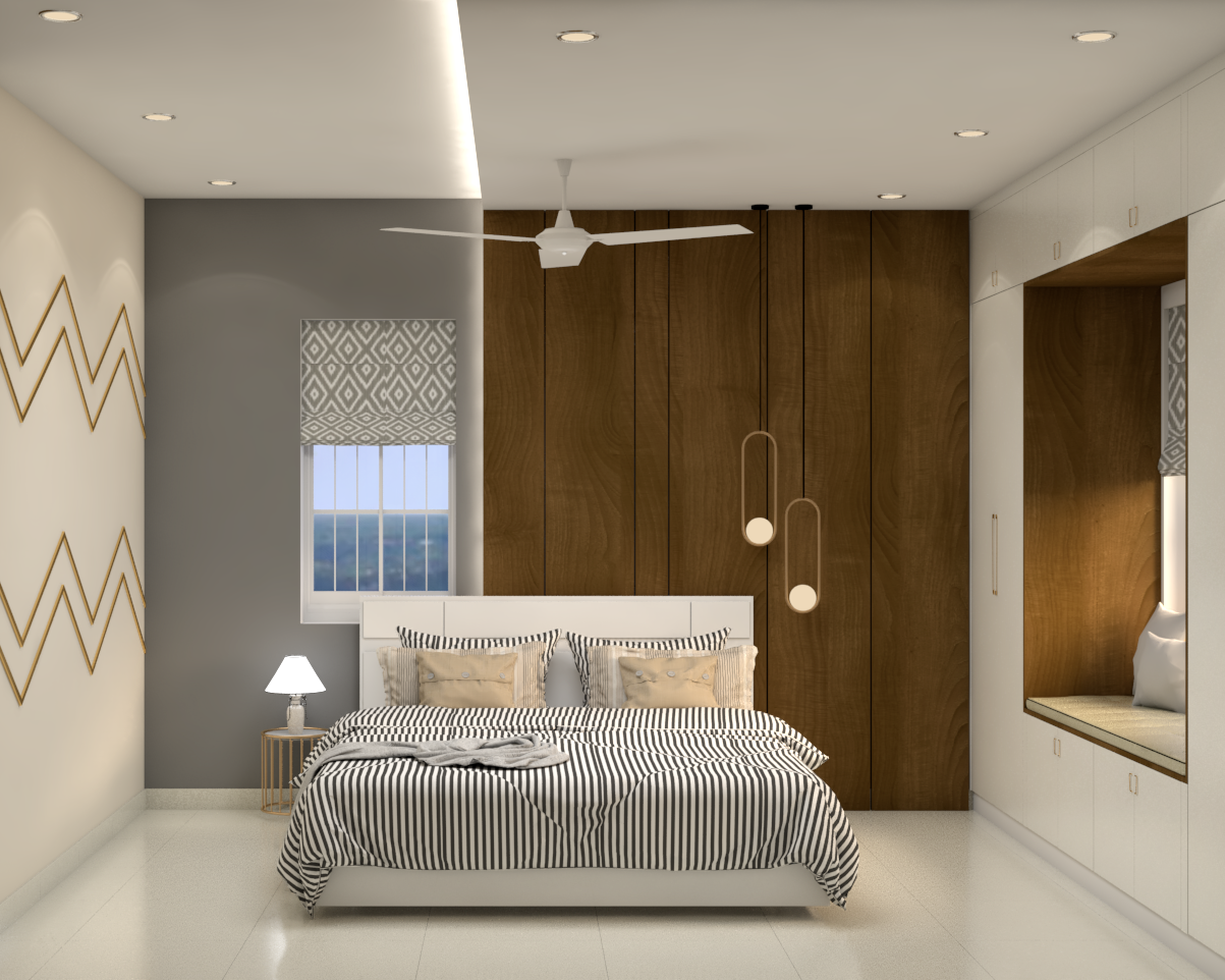 Contemporary Master Bedroom With A Wooden And Grey Accent Wall | Livspace