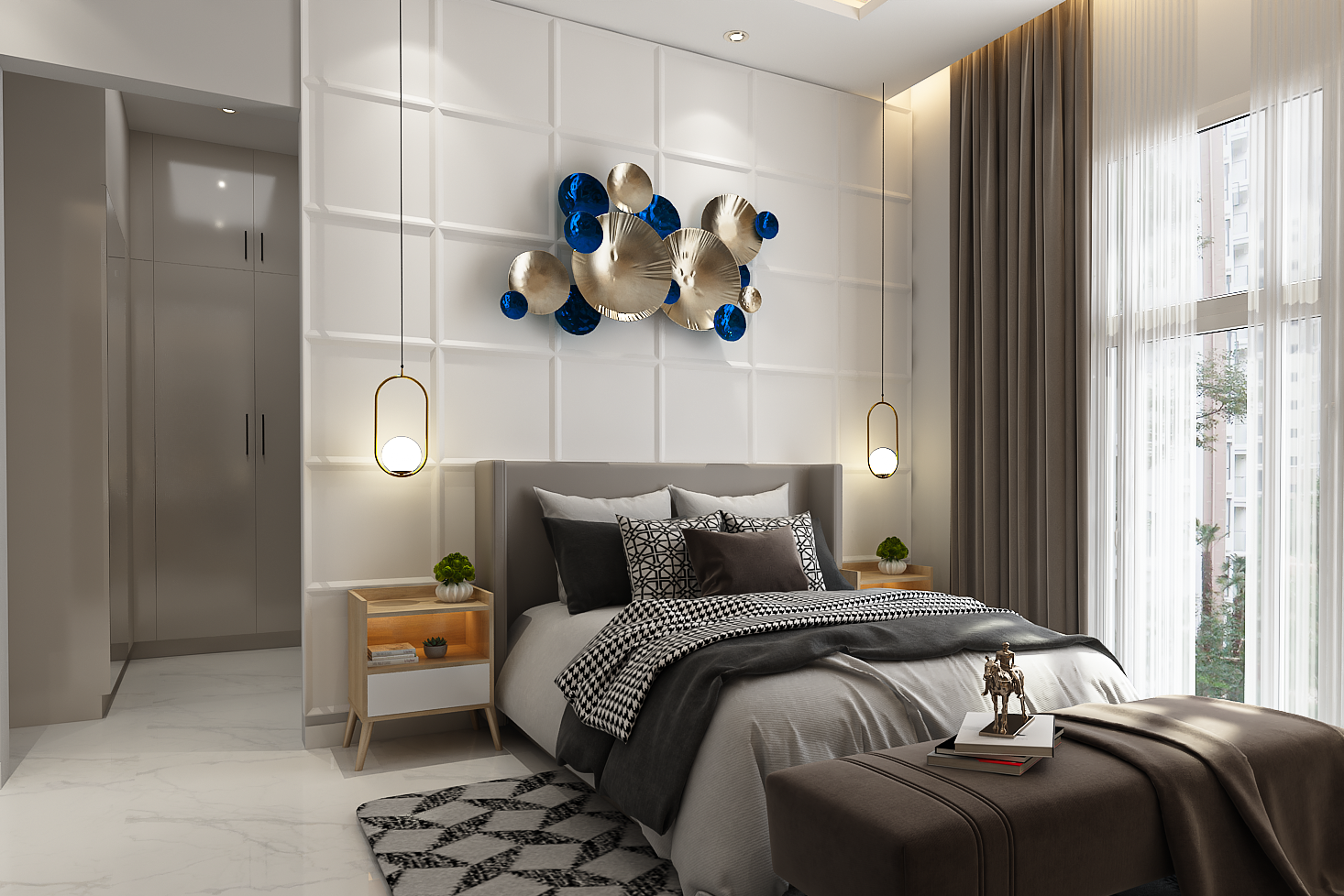 Spacious Grey Master Bedroom Design With TV And Dressing Unit | Livspace