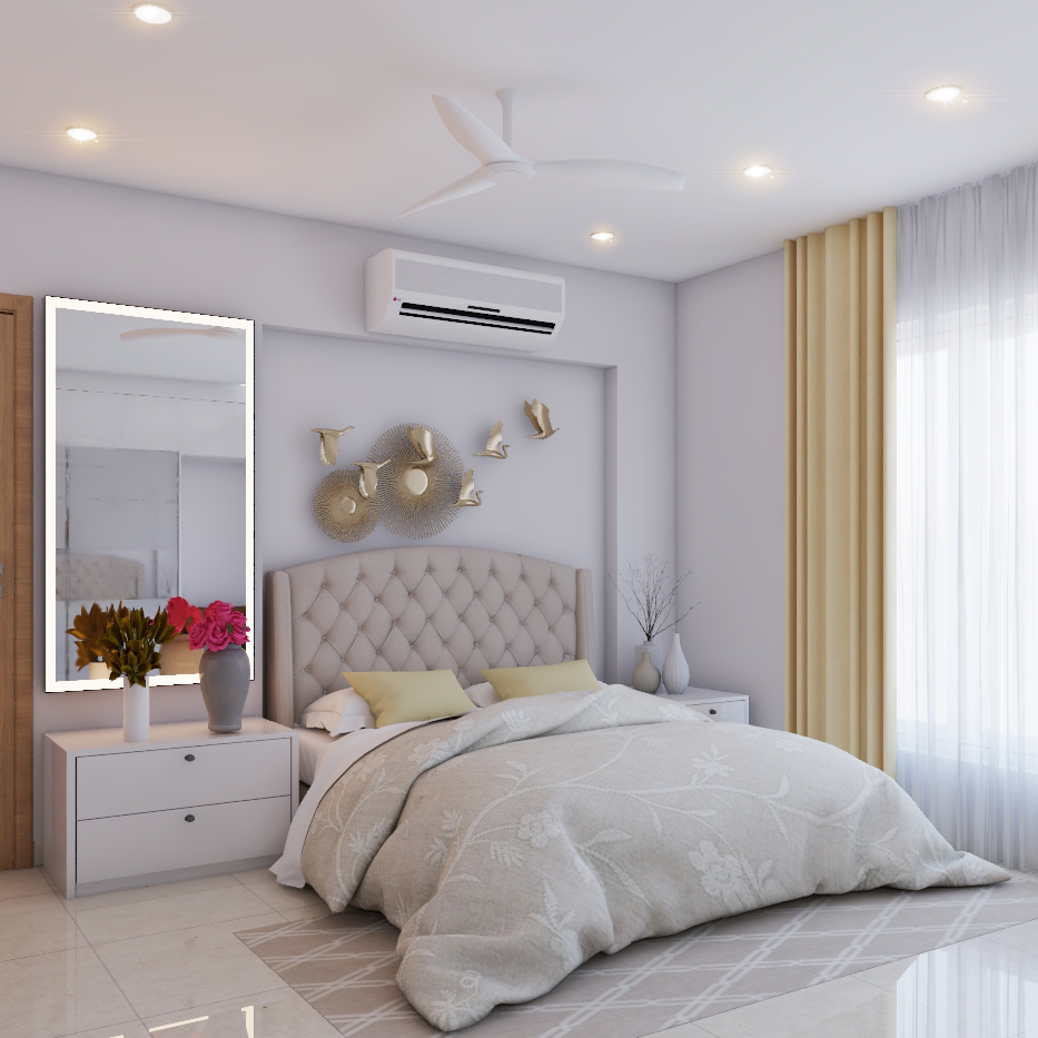 Modern Bedroom With Beige Tufted Bed And Glam Mirror With Focus Lights ...