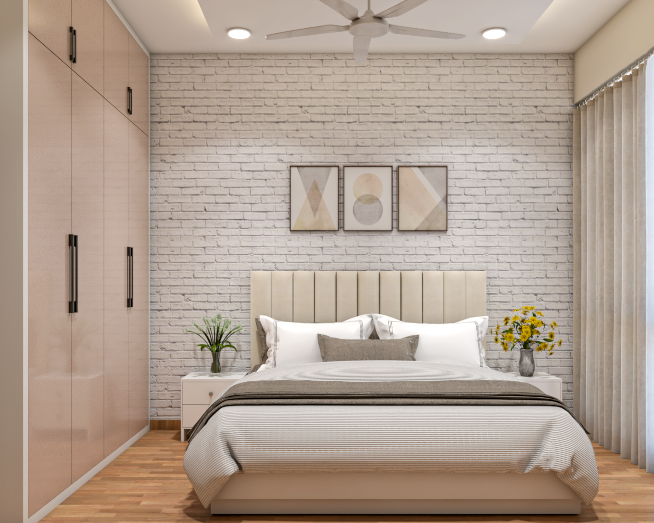 Modern Compact Master Bedroom Design With Beige Toned Interiors | Livspace