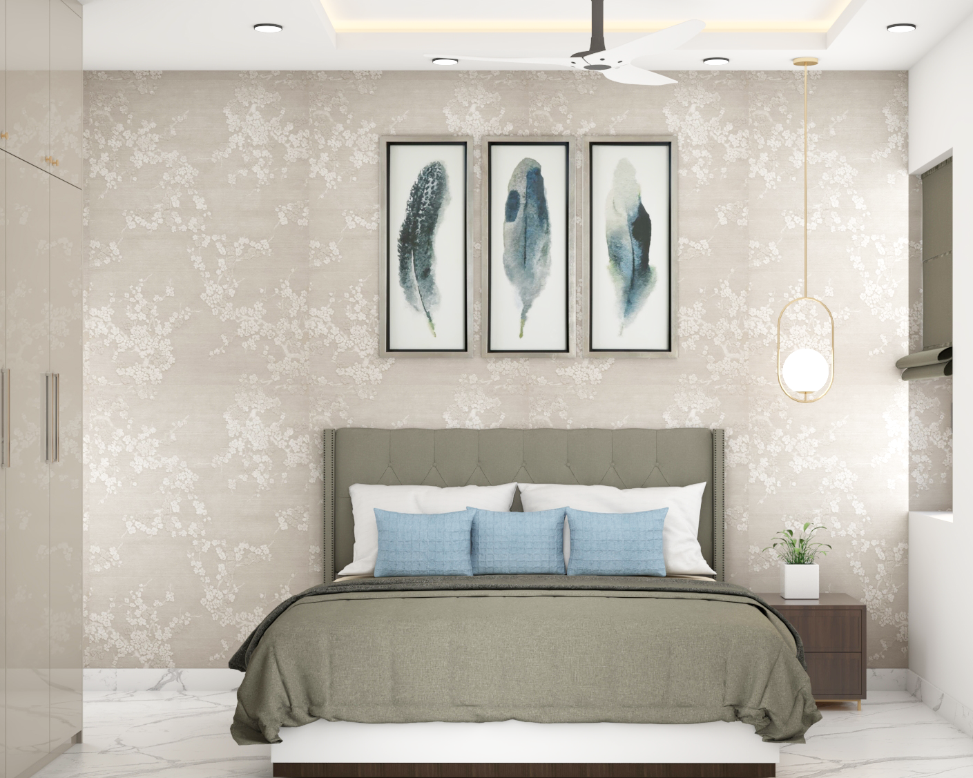Contemporary Bedroom With Beige Textured Wall And Grey Tufted Bed ...
