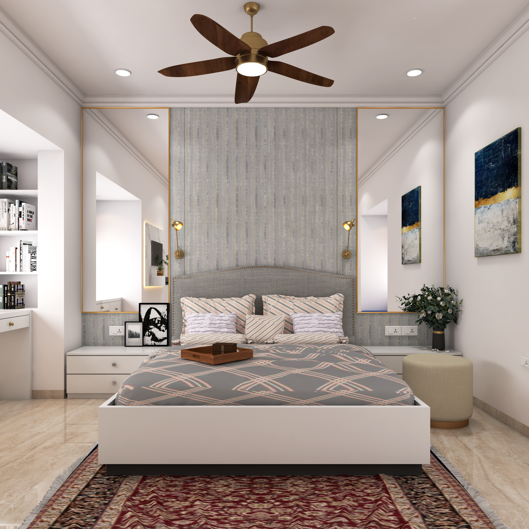 Grey Spacious Master Bedroom Design With Task Lights | Livspace