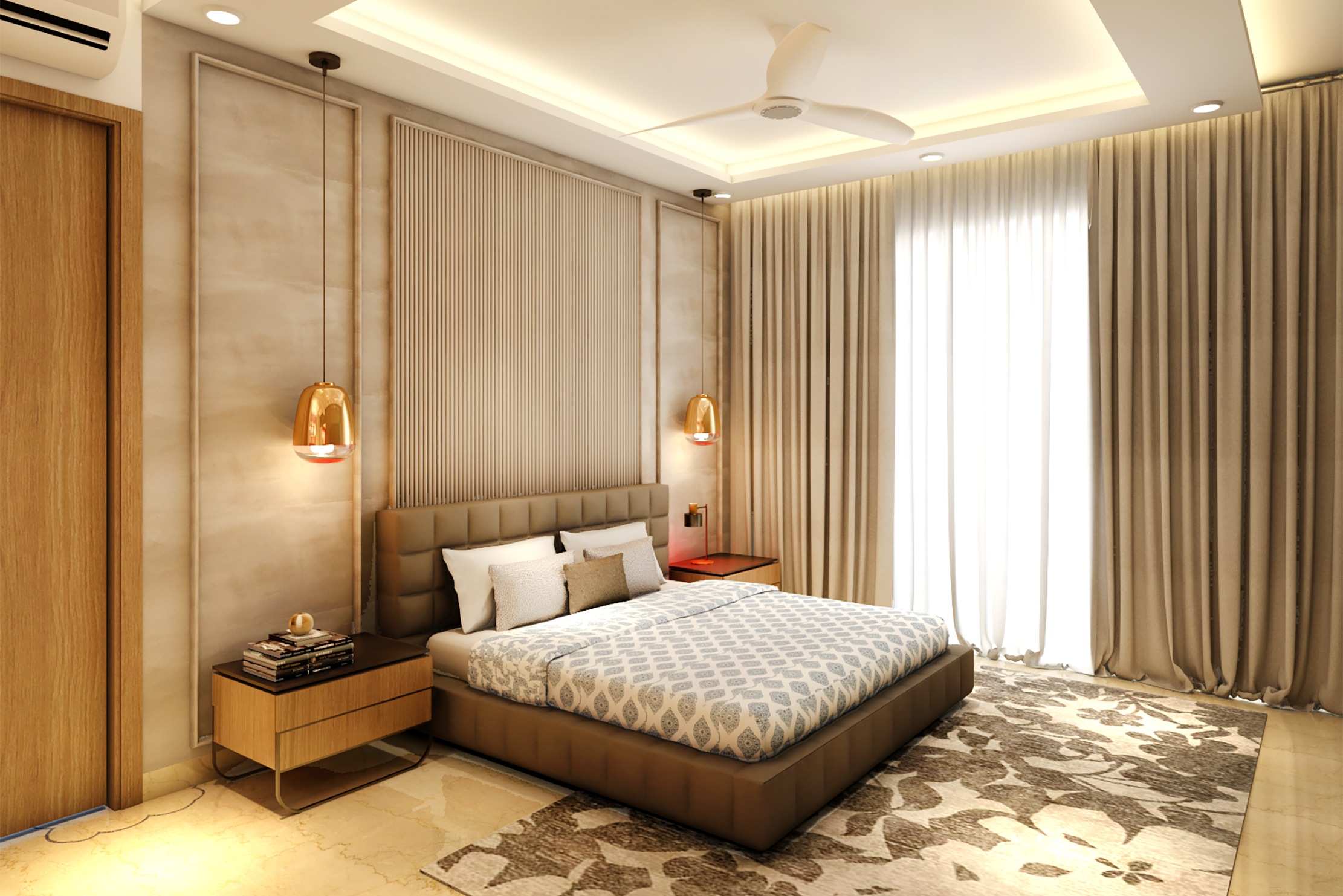 Contemporary Master Bedroom Design With Golden Pendant Lights | Livspace
