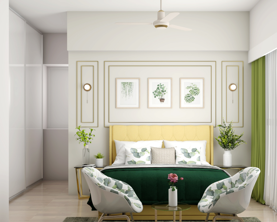Contemporary Bedroom With Green Wall Trims And A Mustard Upholstered ...