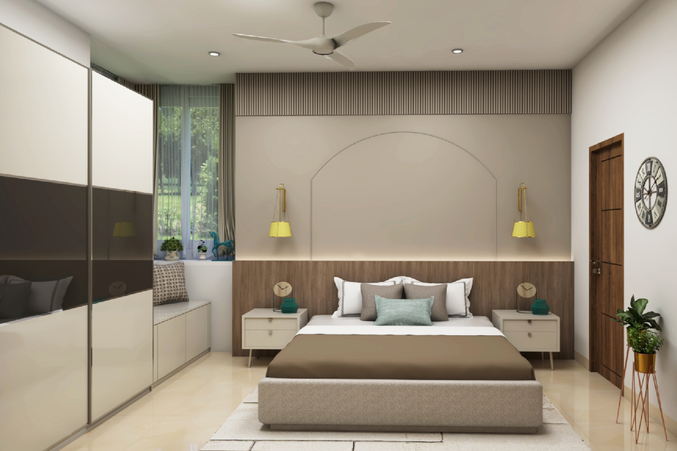 Master Bedroom Design With Wooden Paneled Accent Wall And Storage ...