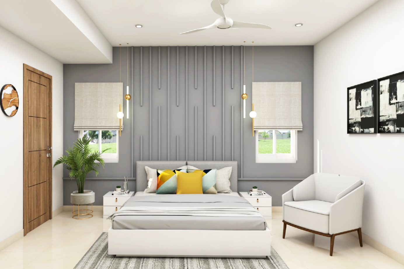 Modern Master Bedroom Design With Grey Wall And Pendant Lights | Livspace
