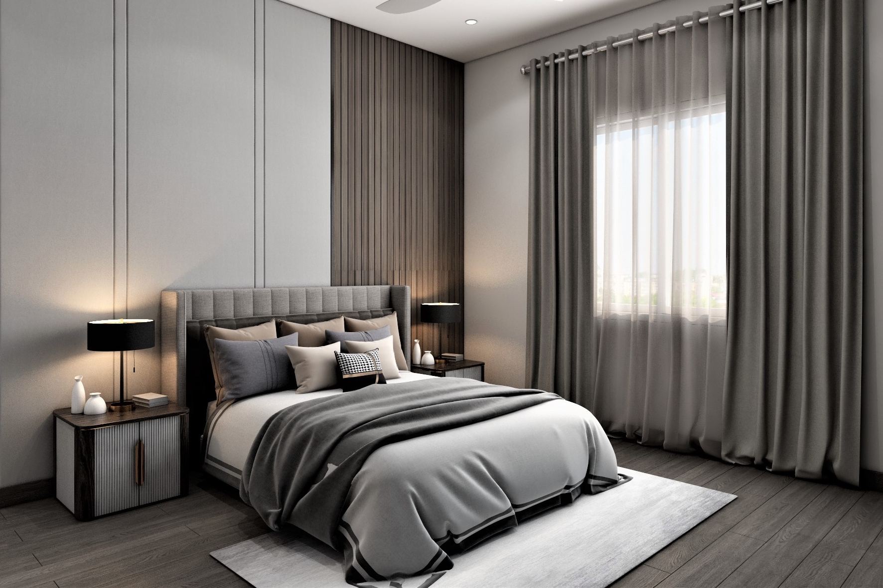 Grey Modern Master Bedroom Design With Wooden Panels | Livspace