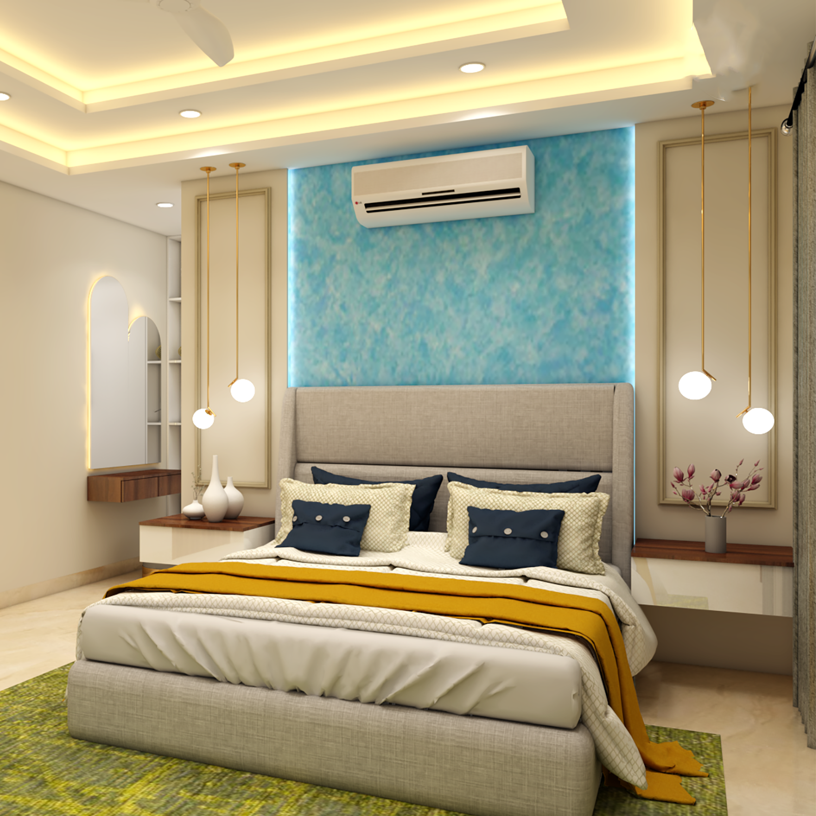 Blue Modern Bedroom Interior Design With Fluorescent Green Rug And Glam ...