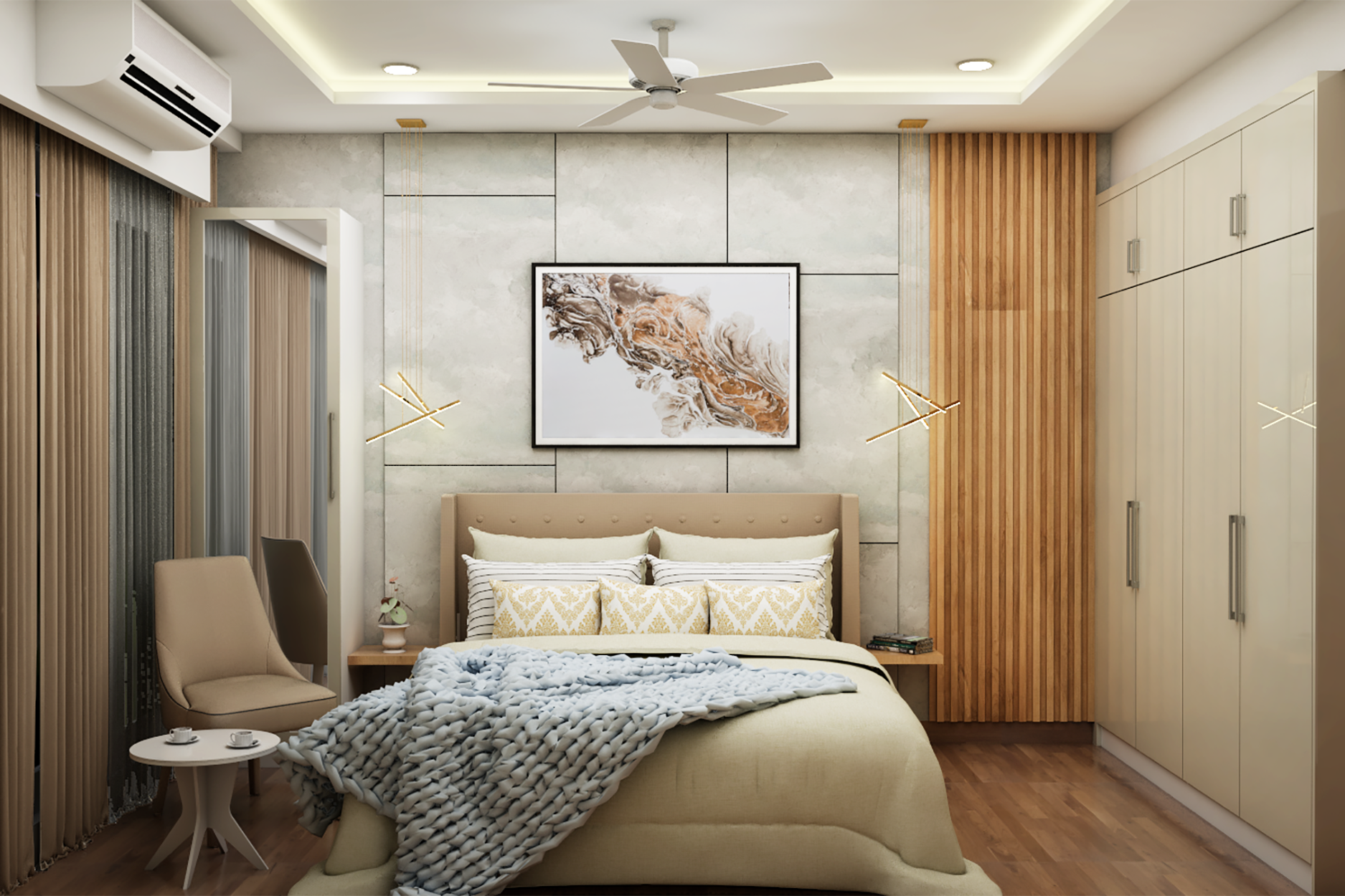 Modern Bedroom With Beige Tufted Headboard And Modern Art | Livspace