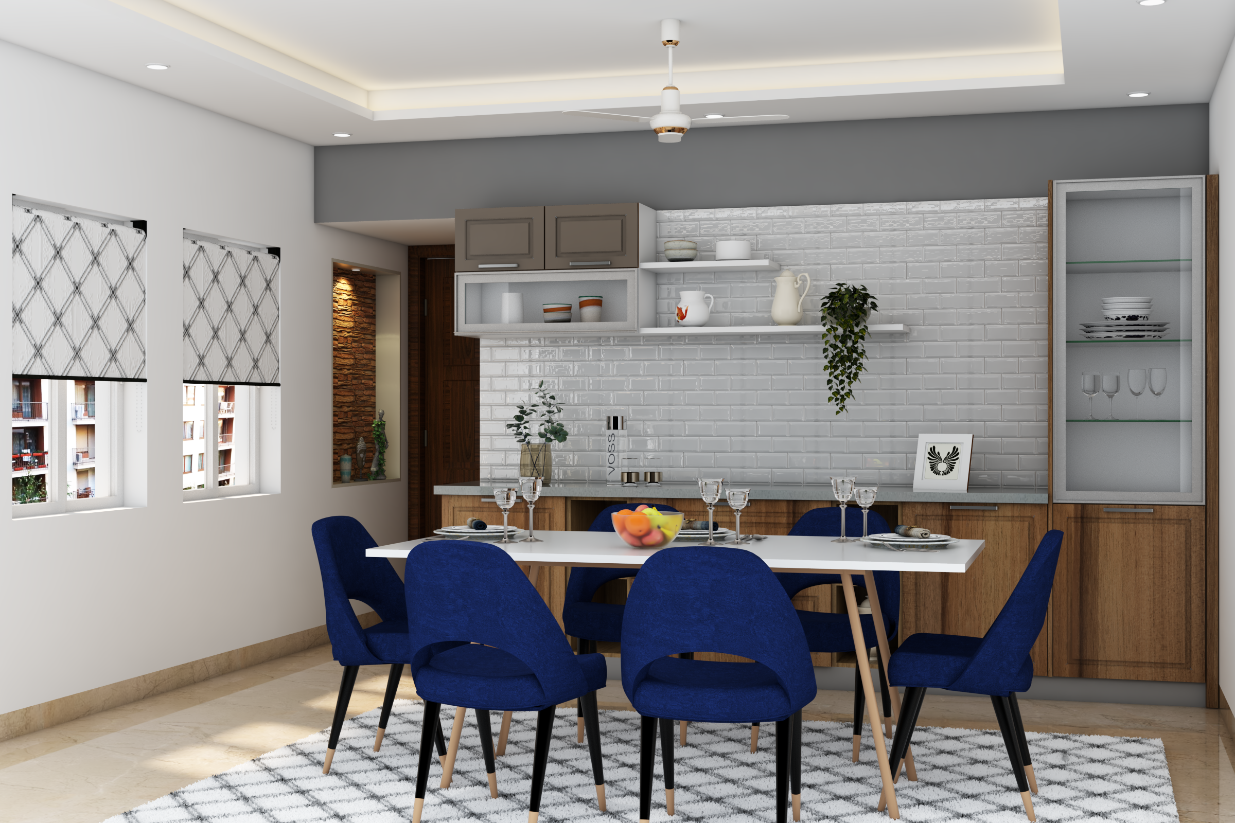 Modern Dining Room With Grey Brick Accent Wall And Dark Blue Chairs ...