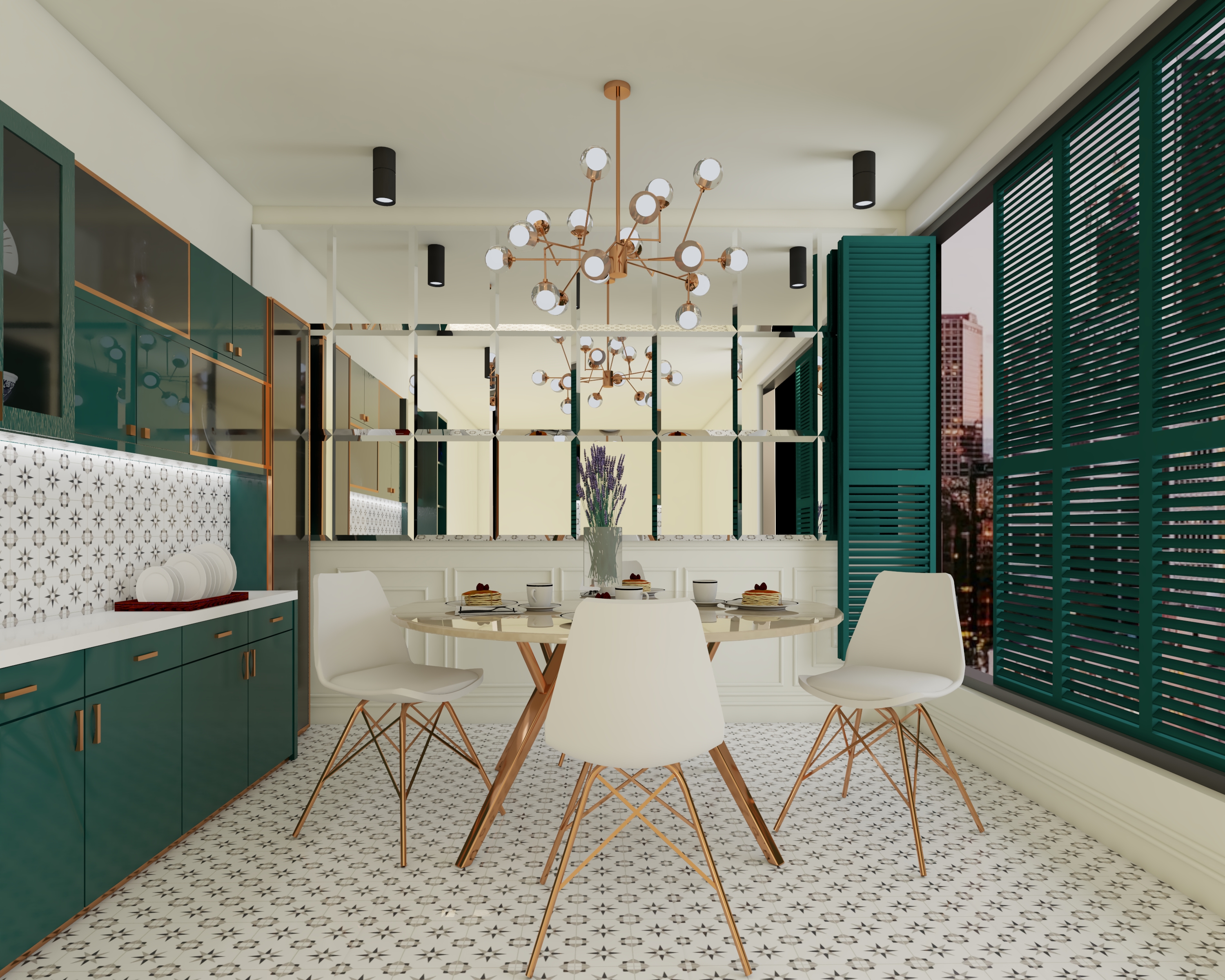 Green Classic Spacious Dining Room With Patterned Tiles | Livspace