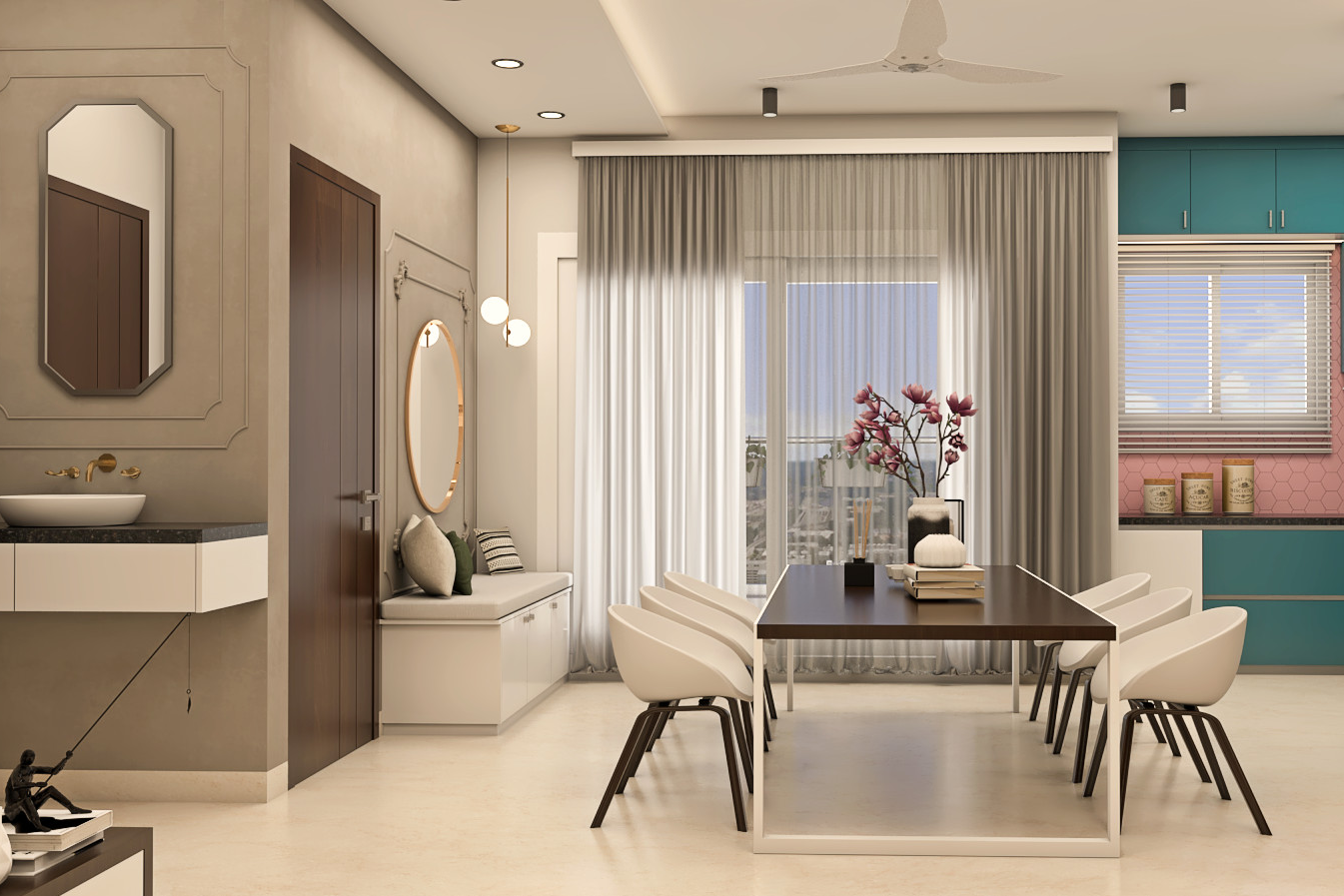 Contemporary Spacious 6-Seater Dining Room Design With White Chairs ...