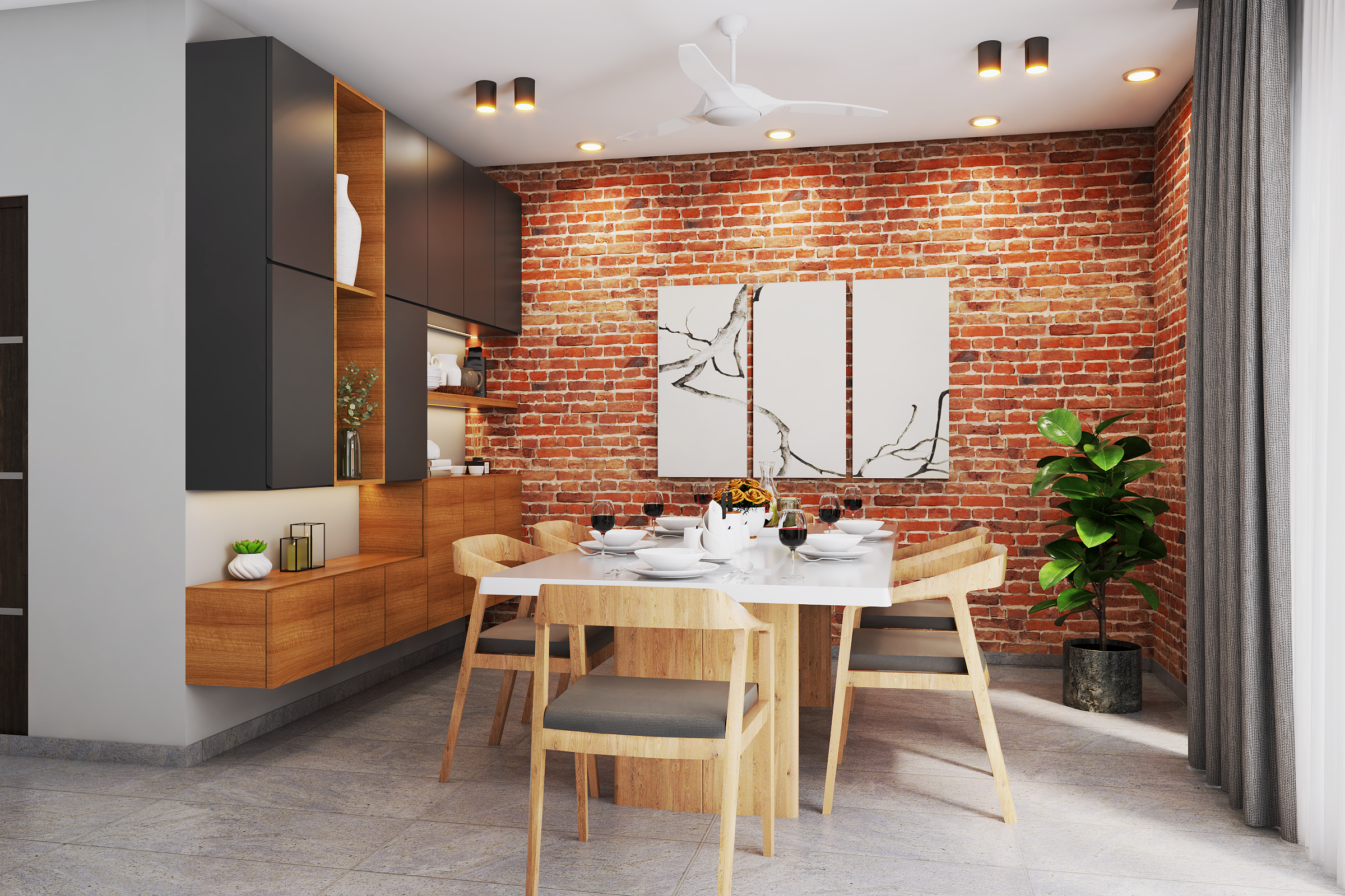 Modern Dining Room Design With Wooden Dining Unit And Open Brick Accent ...