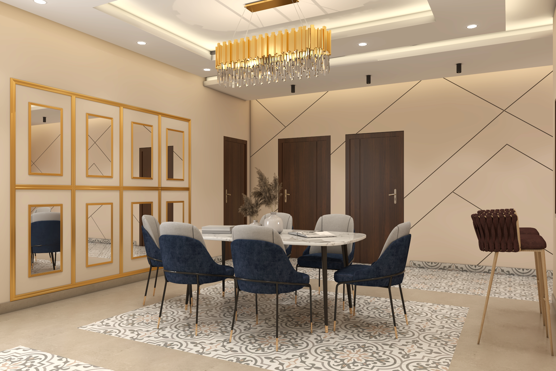 Modern Dining Room With Blue Chairs | Livspace