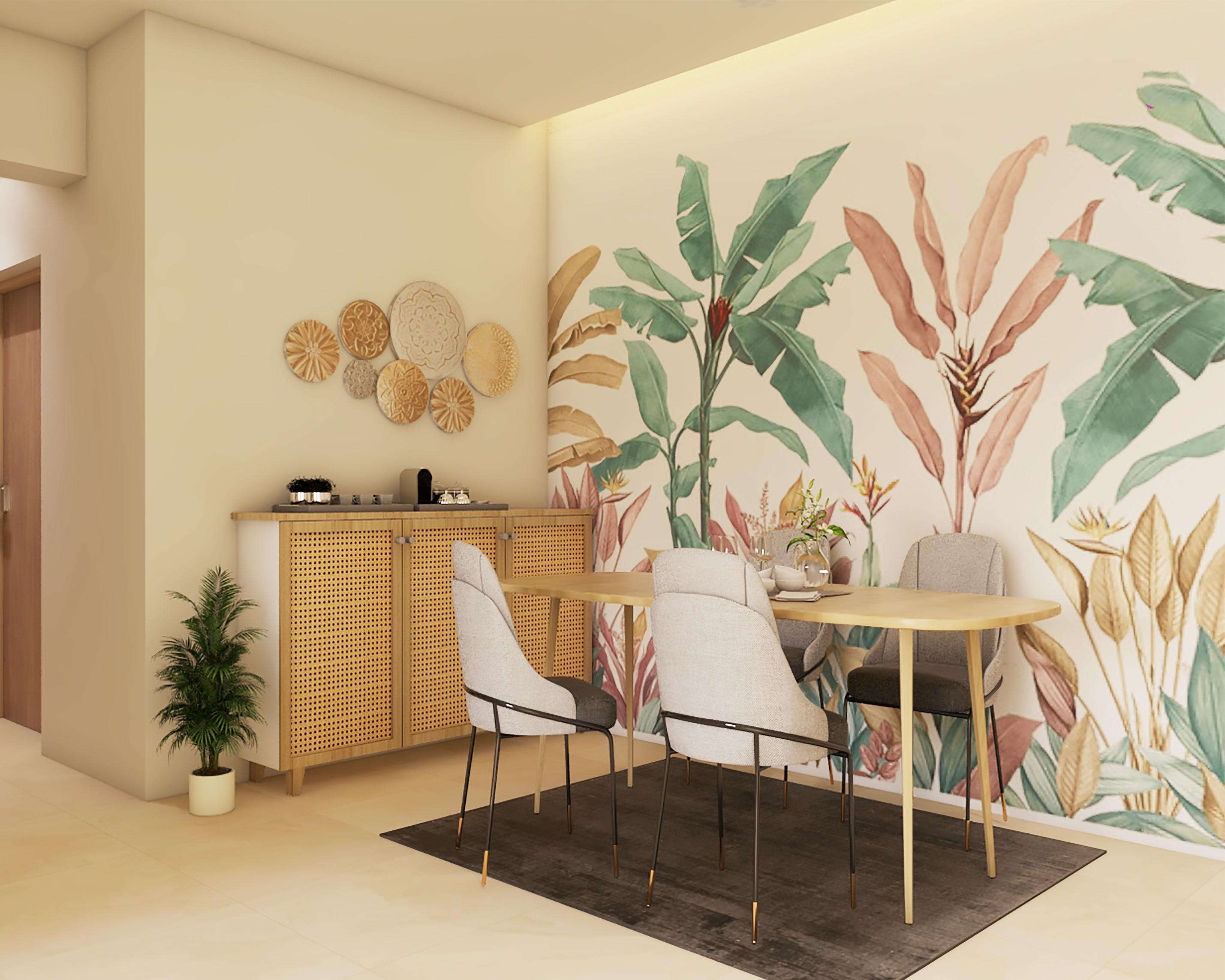 Tropical Dining Room Design With Wallpaper | Livspace