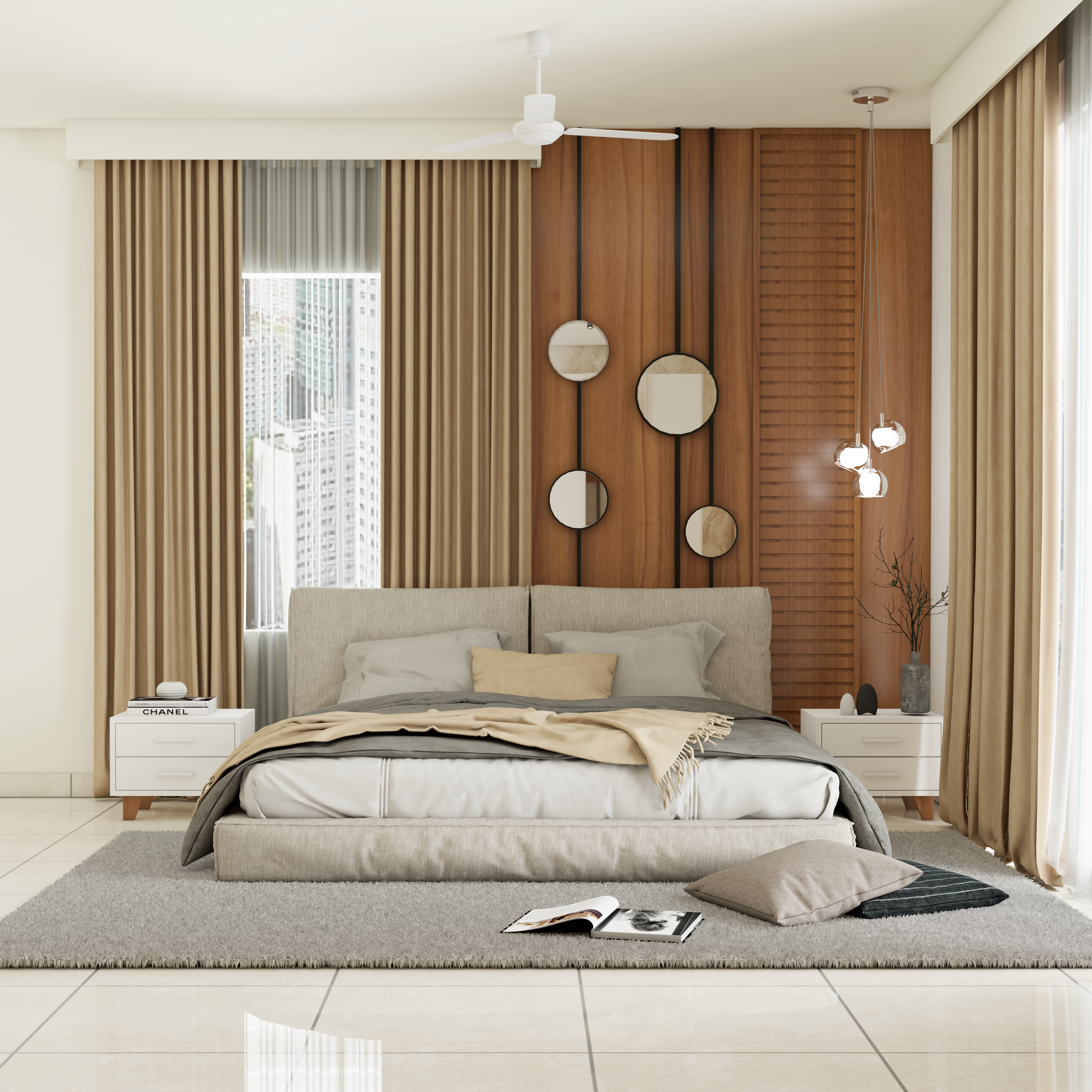 Modern Bedroom Design With Beige Tufted Bed And Dark Wooden Paneling ...