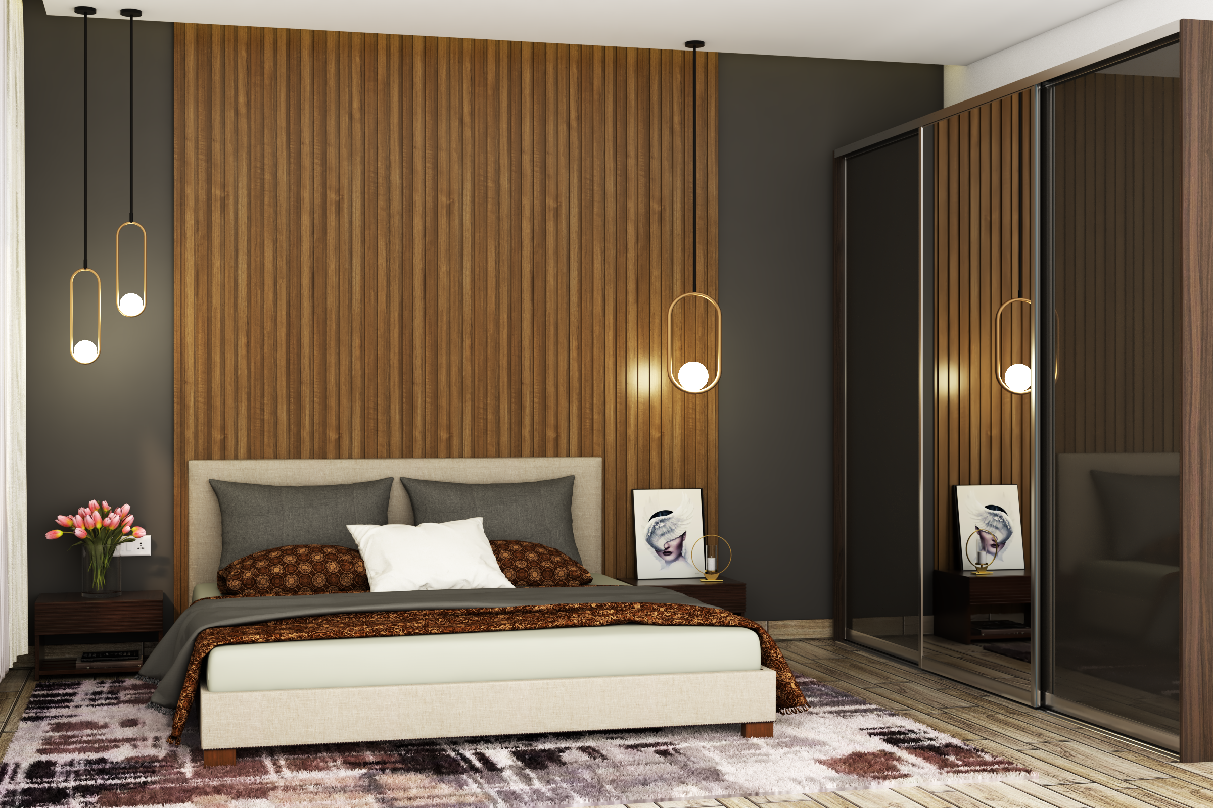Modern Guest Bedroom With Wooden Panels And Hanging Lights | Livspace