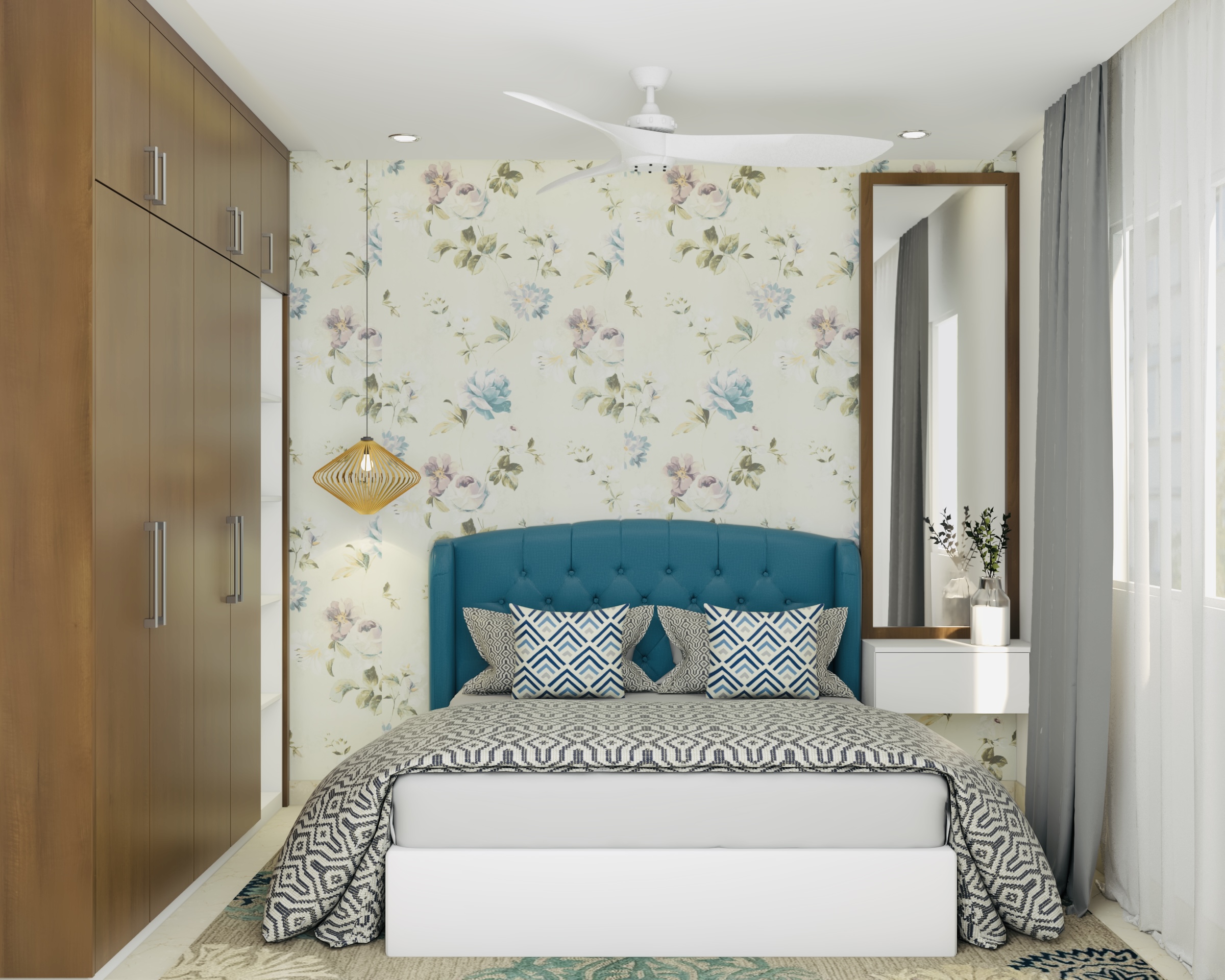 Compact Guest Bedroom Interior Design With Blue Tufted Headboard And ...
