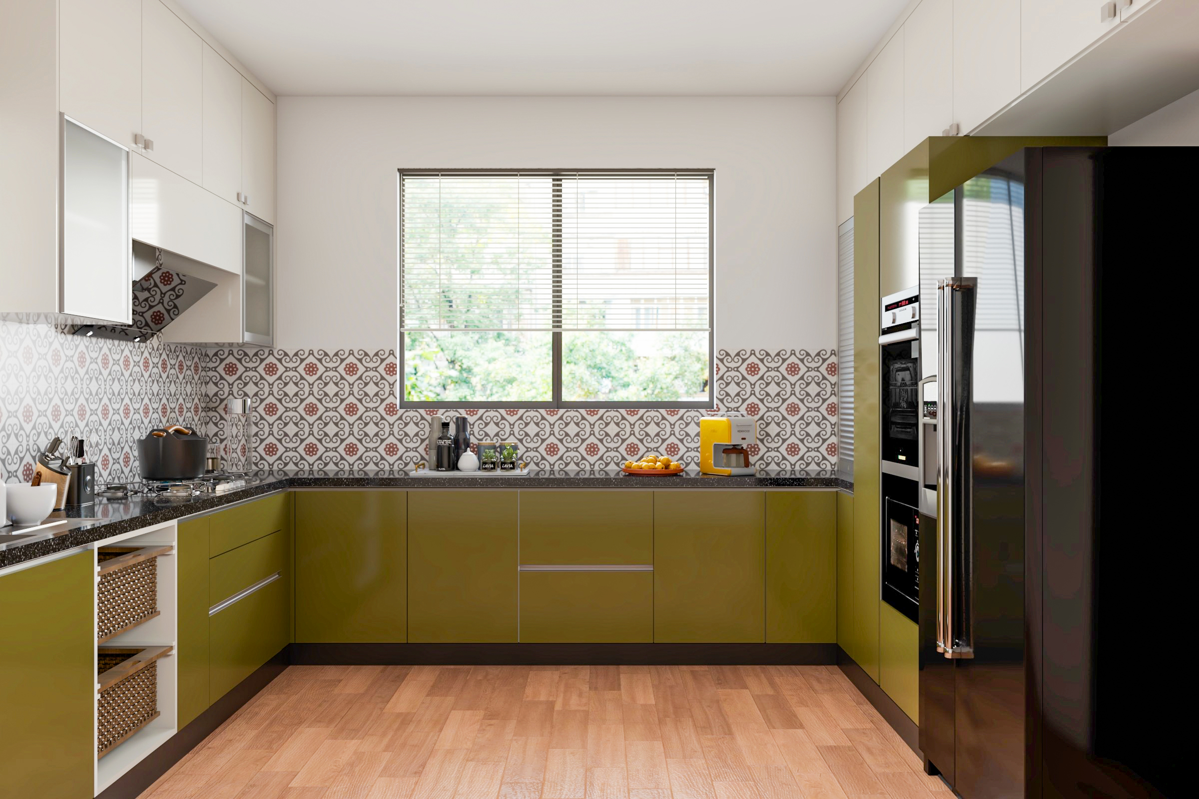 Black Countertop Modular Kitchen Design With Wicker Baskets | Livspace