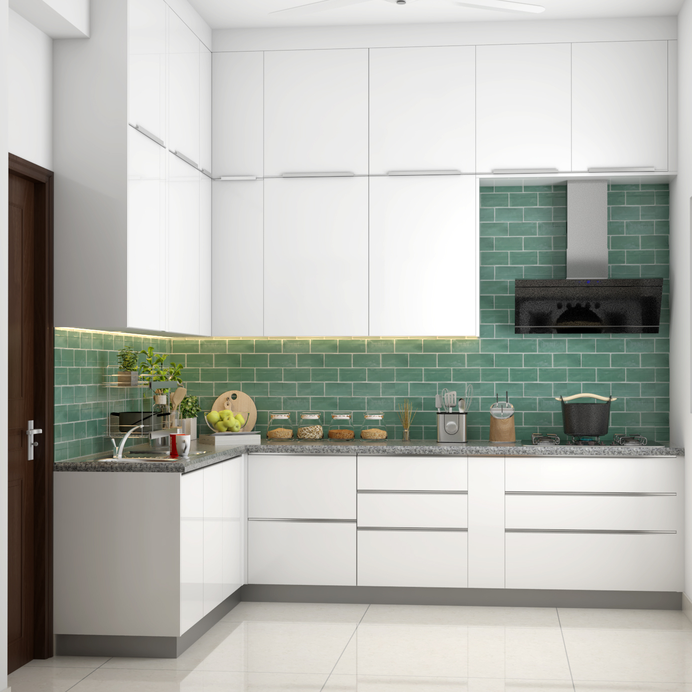L-Shaped White Modular Kitchen Design With Dado Tiles - Livspace