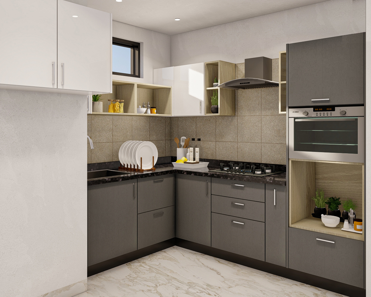 Grey-White Coloured Modular Kitchen Design For Compact Spaces | Ideas