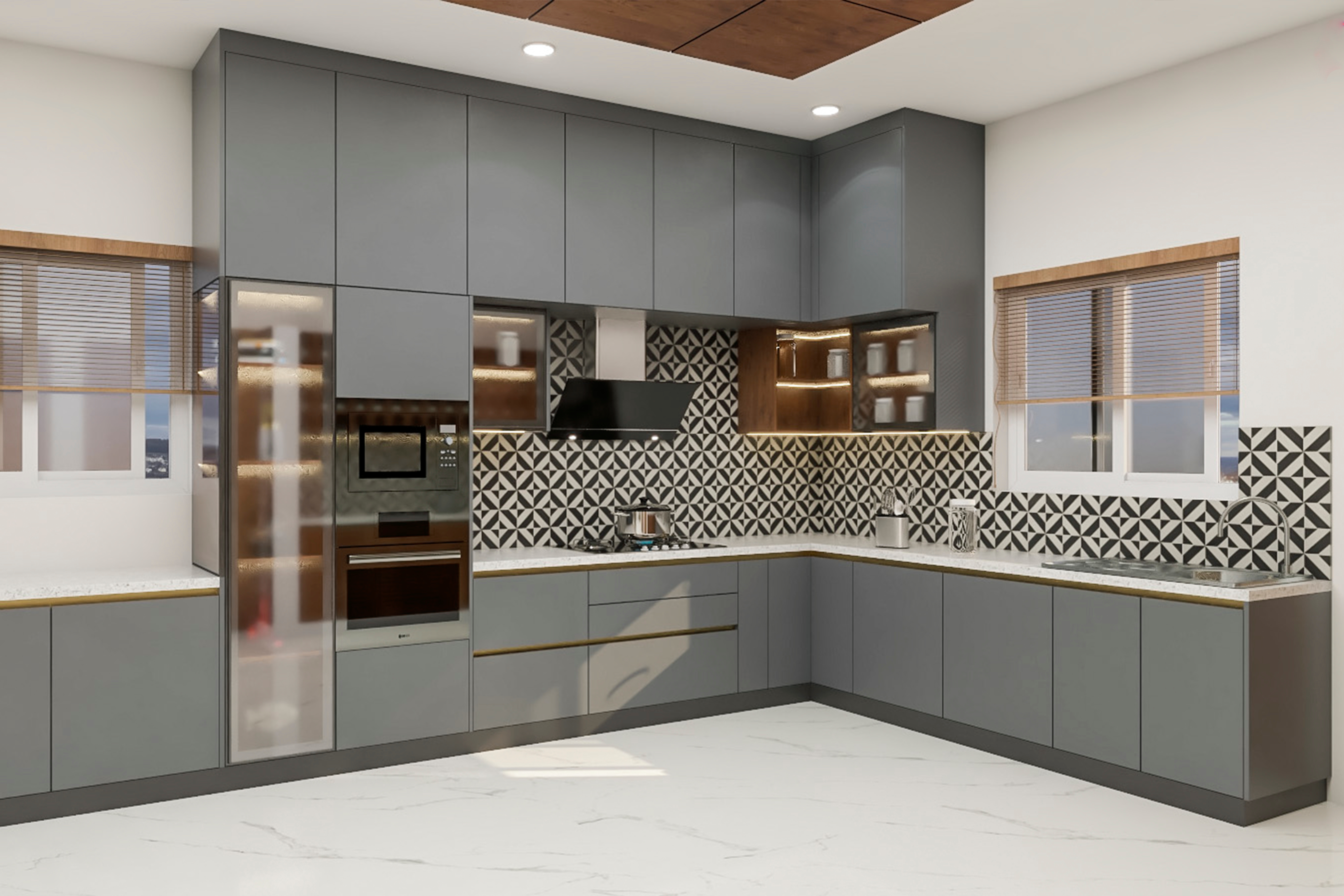 Spacious Grey Themed Kitchen With Contemporary Interiors | Livspace
