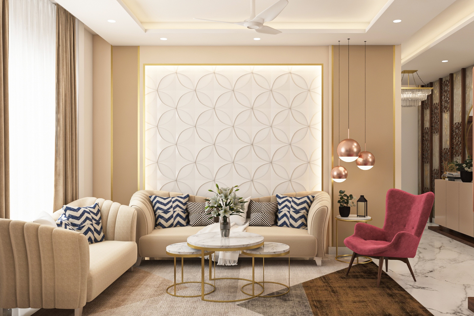 Spacious Modern Style Earthy Convenient Living Room Design | Livspace