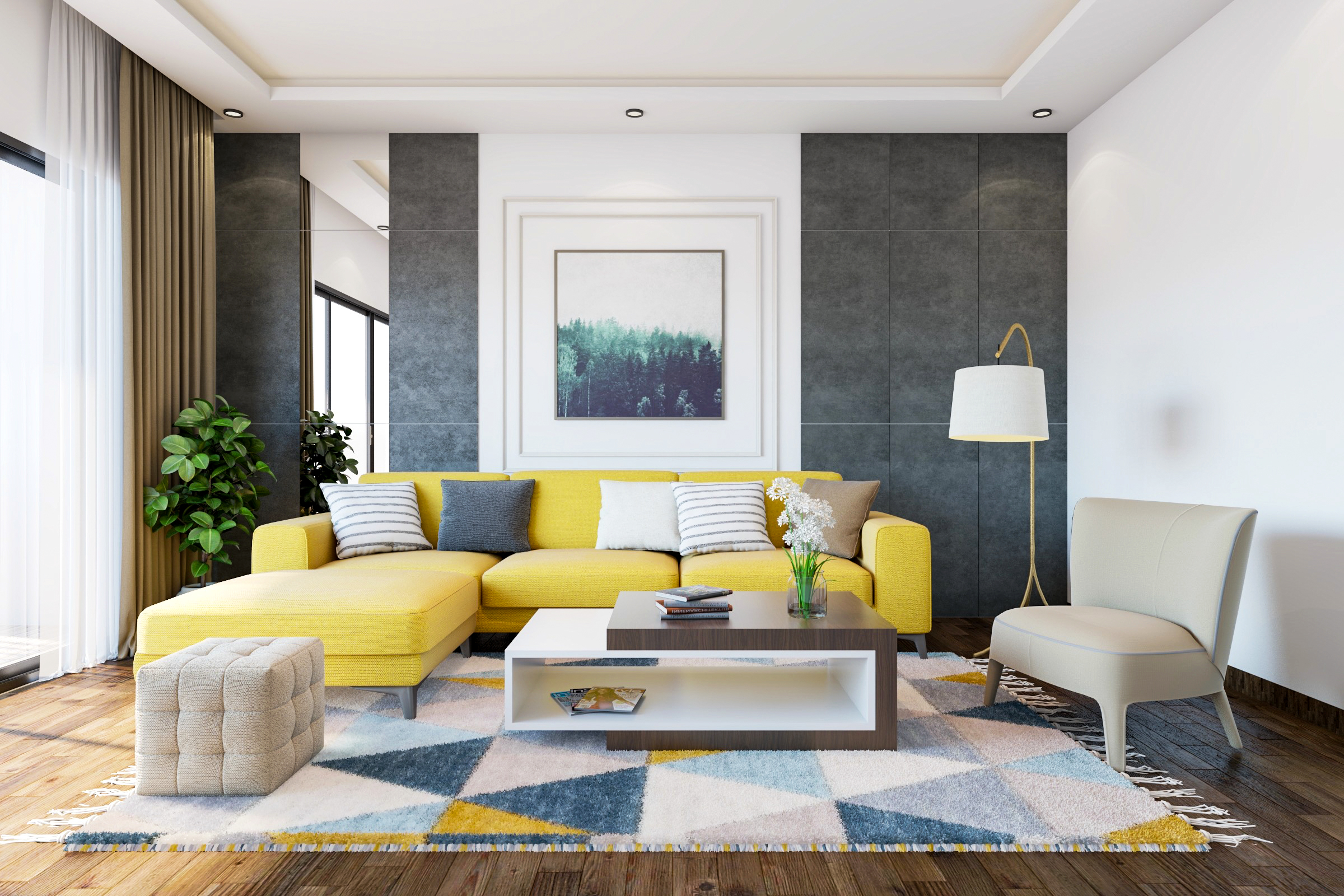 Contemporary Living Room Design With Yellow Sofa And Mirror Wall ...