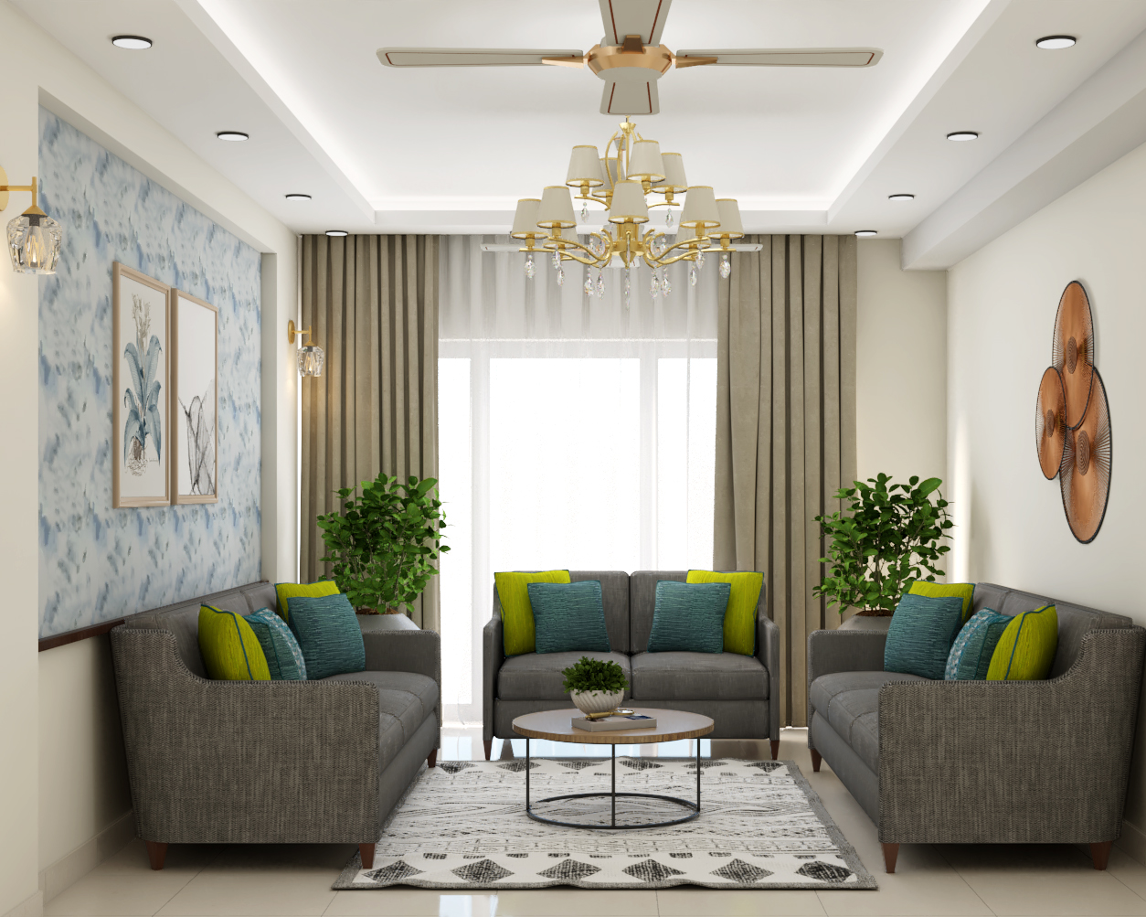 Compact Living Room Design With Grey Sofas And Chandelier | Livspace