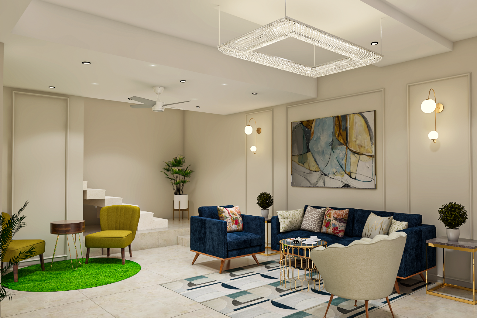 Spacious Living Room Design With Abstract Wall Art And Blue Sofa | Livspace
