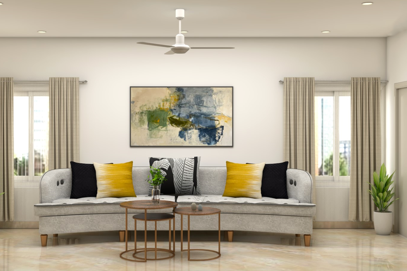 Spacious Living Room Design With Grey Sofa | Livspace