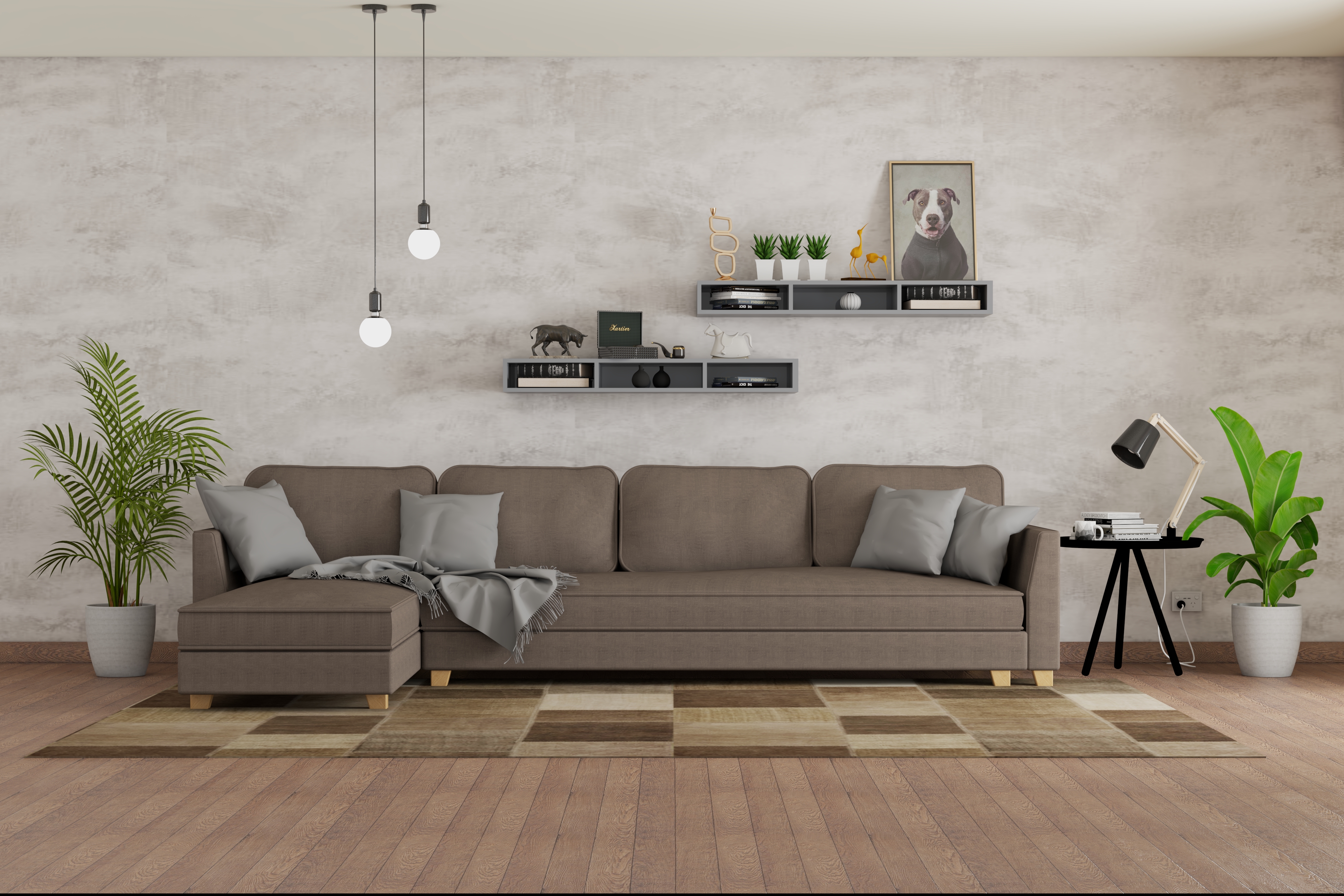 Modern Living Room Design With L-Shaped Dark Grey Sofa And 3D Grey ...