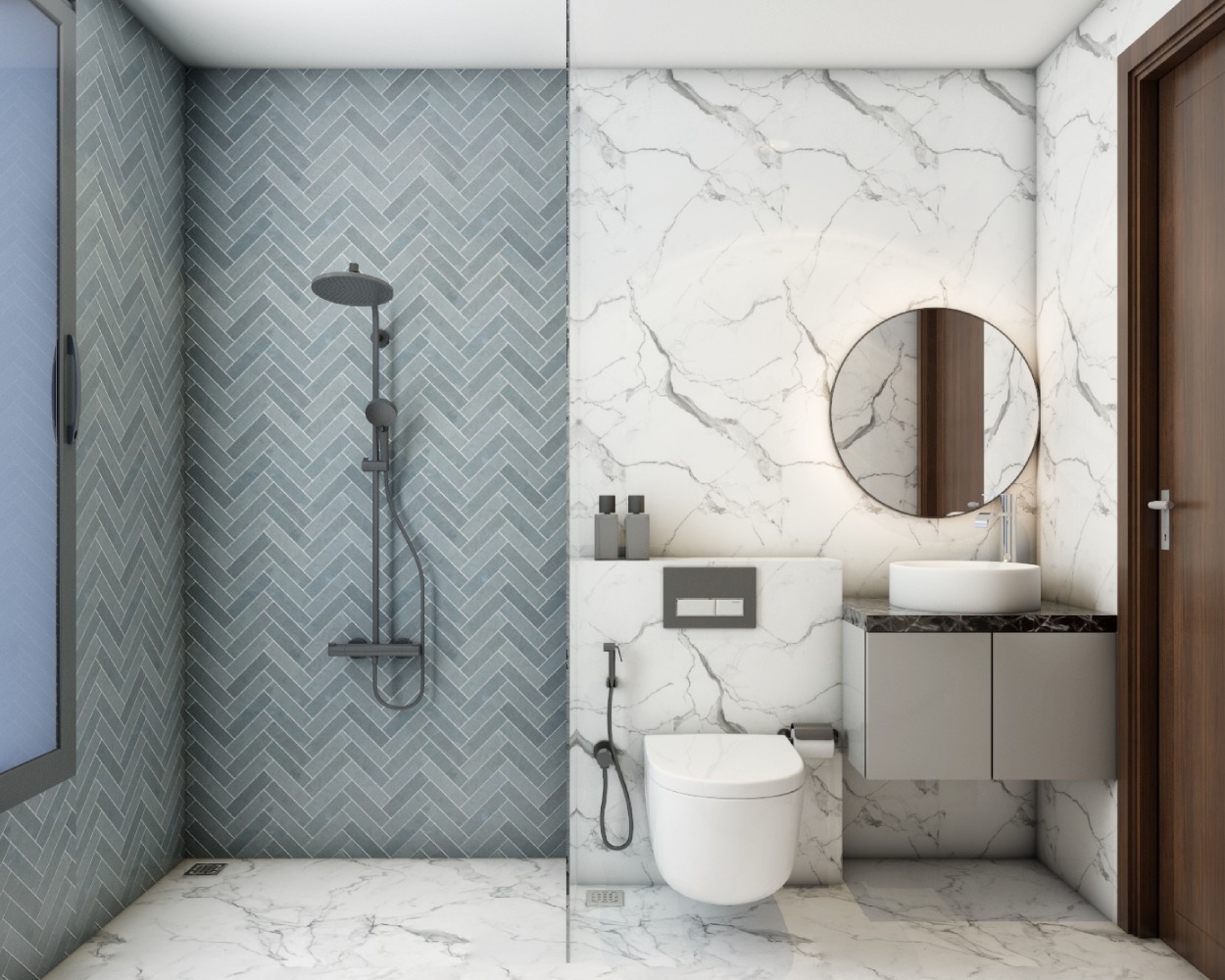 Compact Bathroom Design With White And Blue Wall Tiles | Livspace