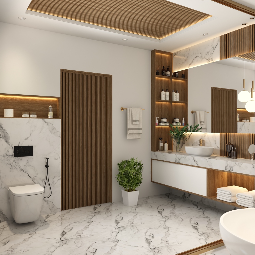 White And Wood Bathroom Design With Wooden Flute Wall Panel - 9x7 F ...