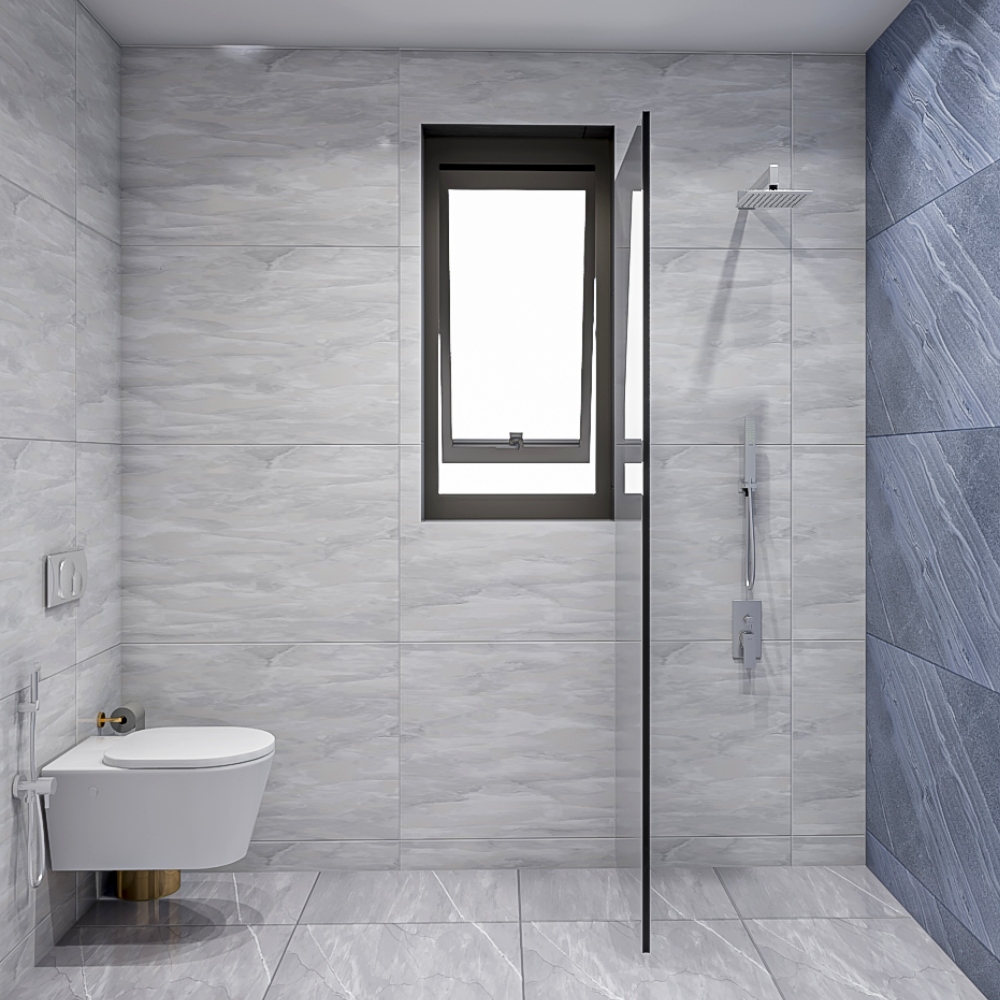 Compact Grey And Blue Small Bathroom Design 7X5 Ft Livspace