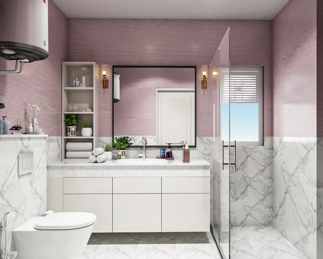 Lavender And Black Bathroom Design With Glass Partition - 9x6 Ft | Livspace