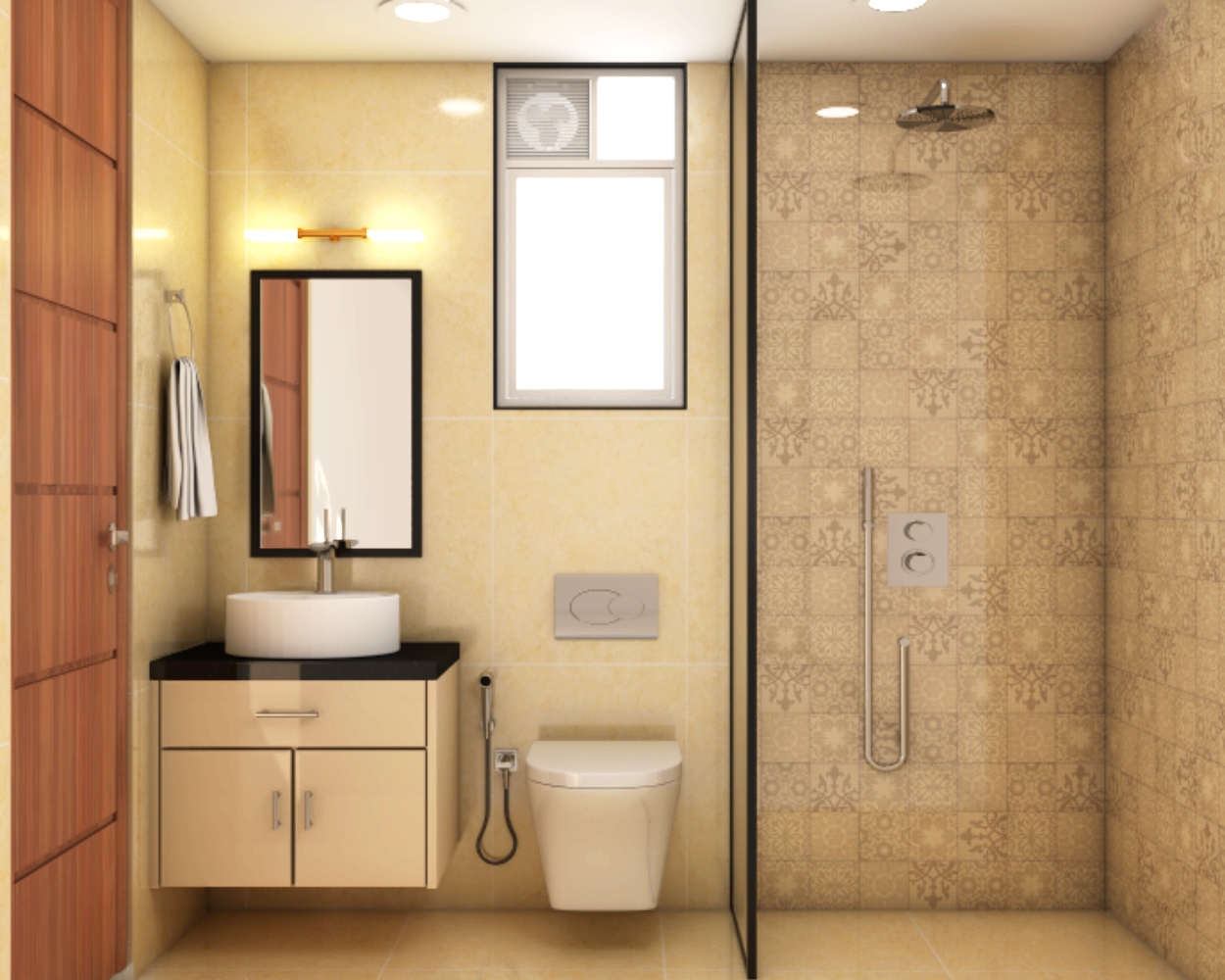 Cream And Grey Small Bathroom Design With Wall-Mounted Vanity Unit ...