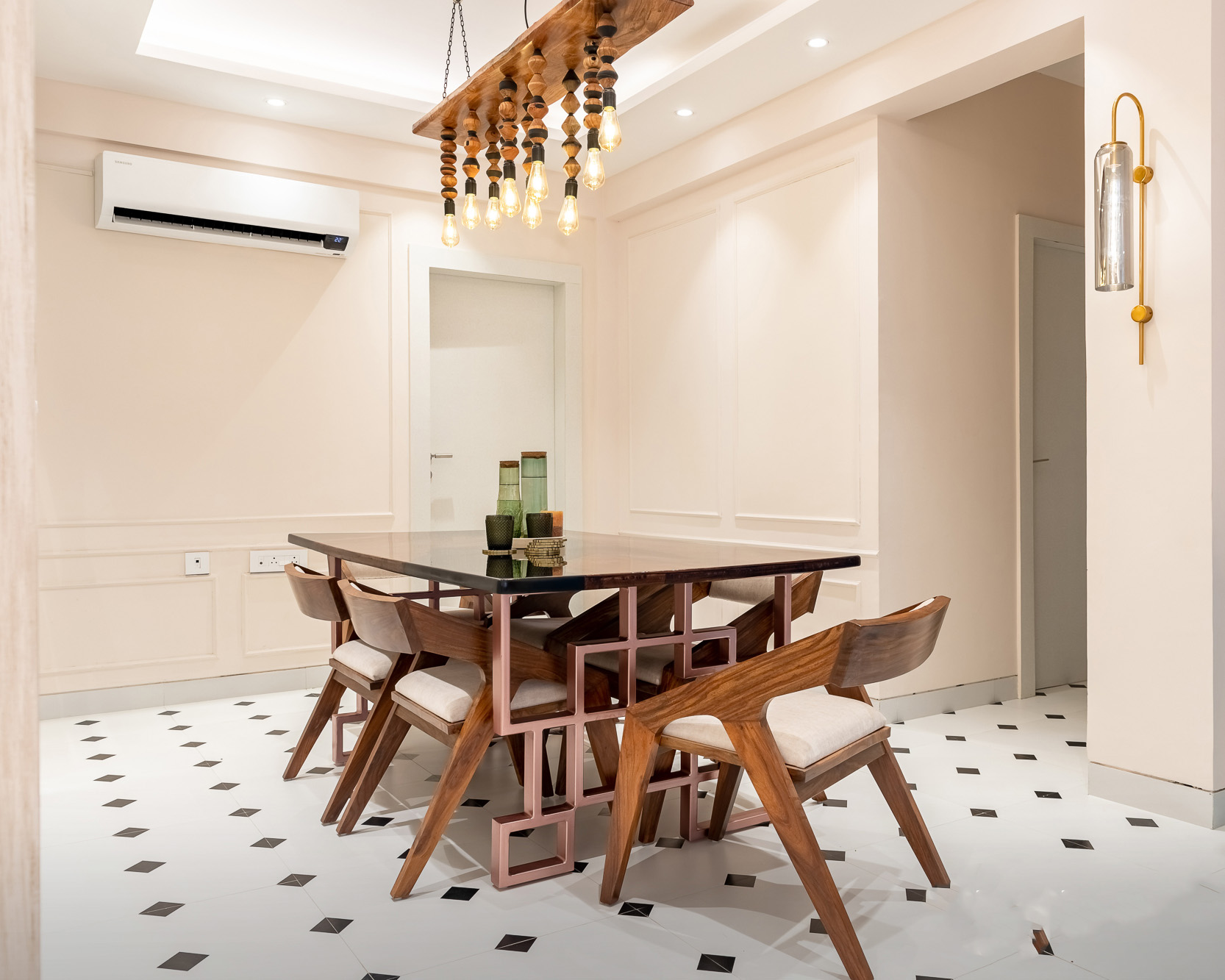 Dining Room Design With Dual-Tone Patterned Flooring Tiles | Livspace